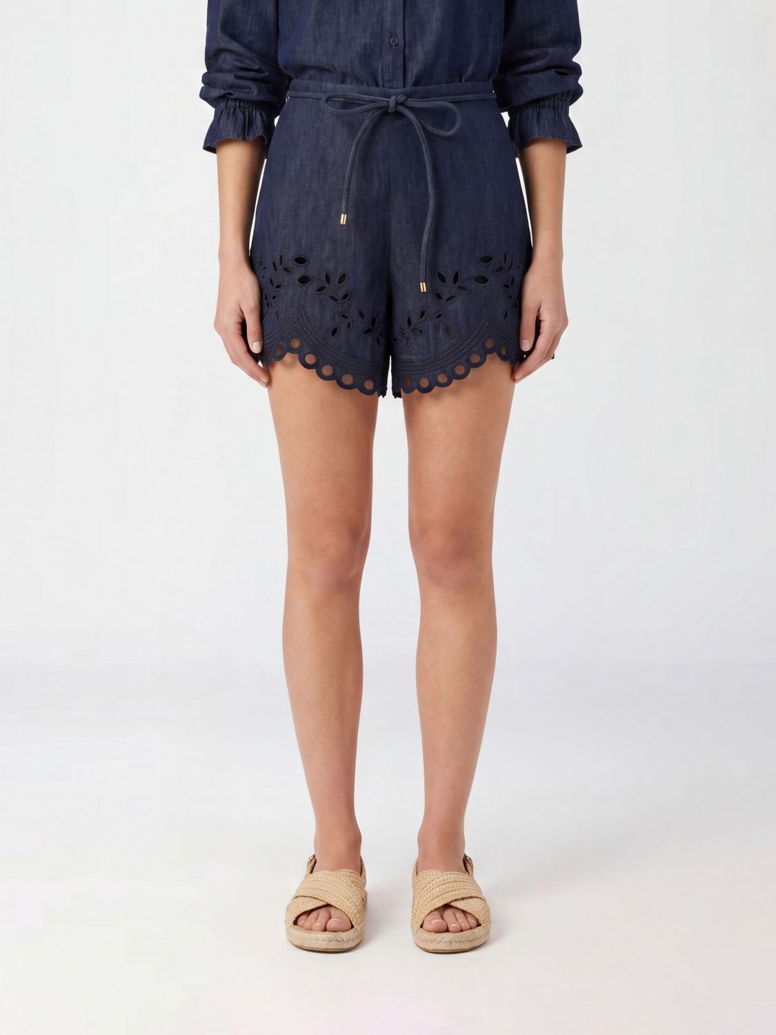 ZIMMERMANN Shorts a vita alta in denim di cotone con inserti in pizzo