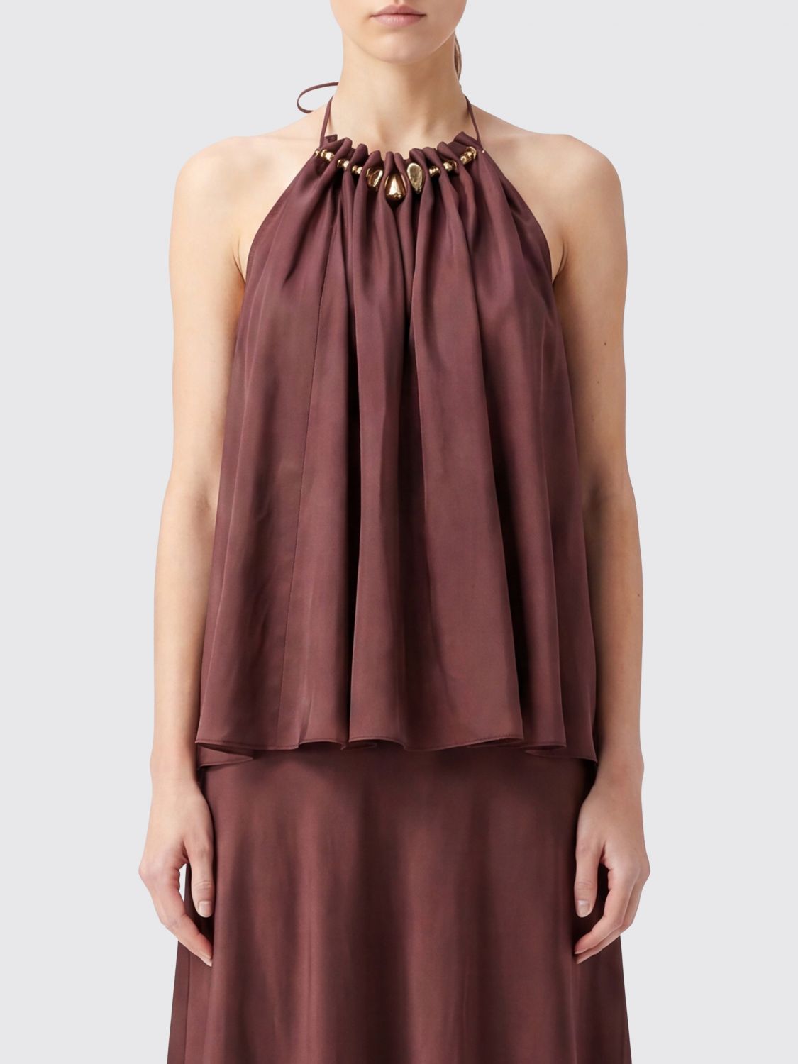 ZIMMERMANN Top in seta drappeggiata con scollatura americana e perline