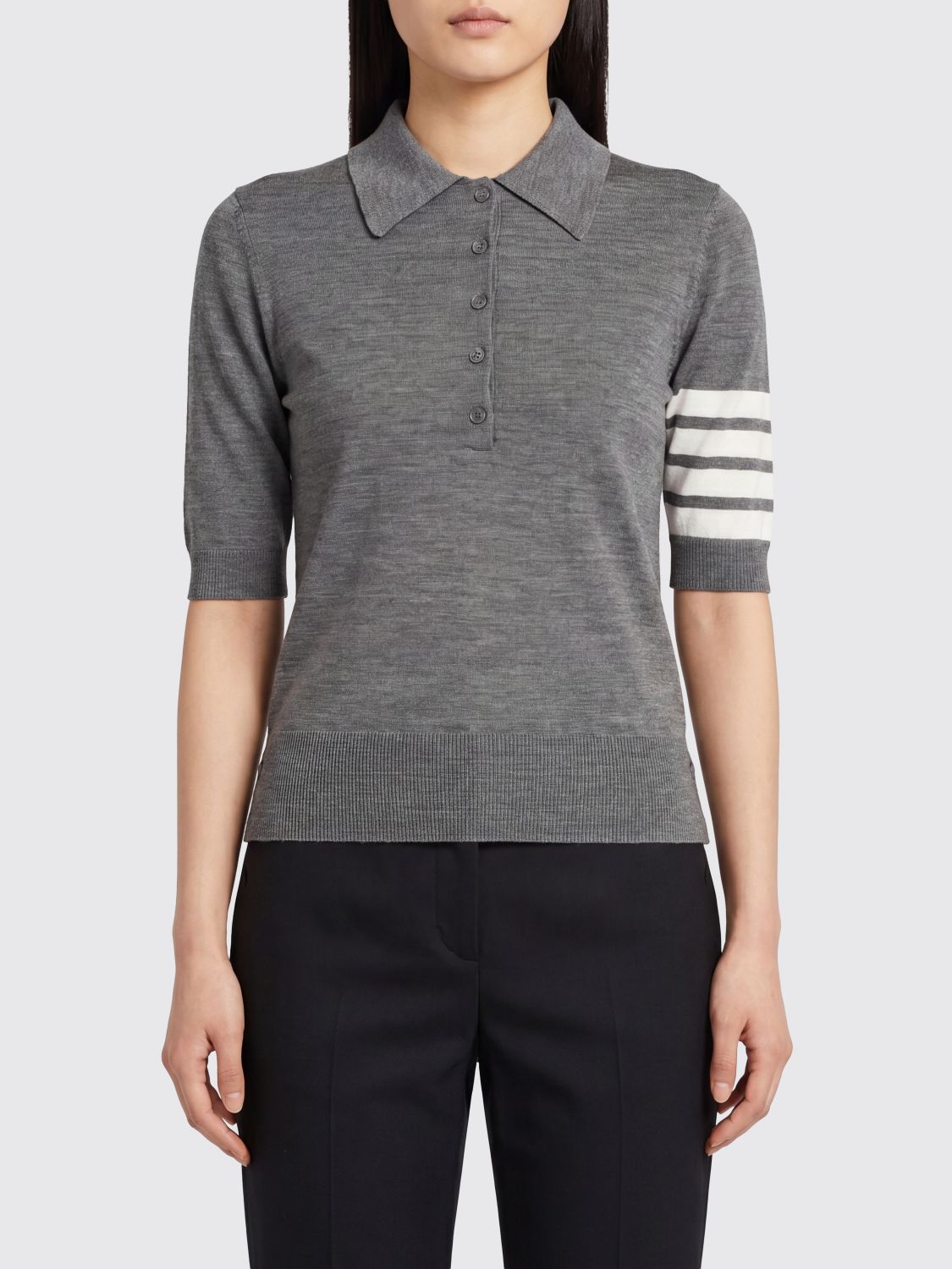 THOM BROWNE Schmal geschnittenes Strick-Poloshirt aus Schurwolle mit 4-Streifen-Motiv