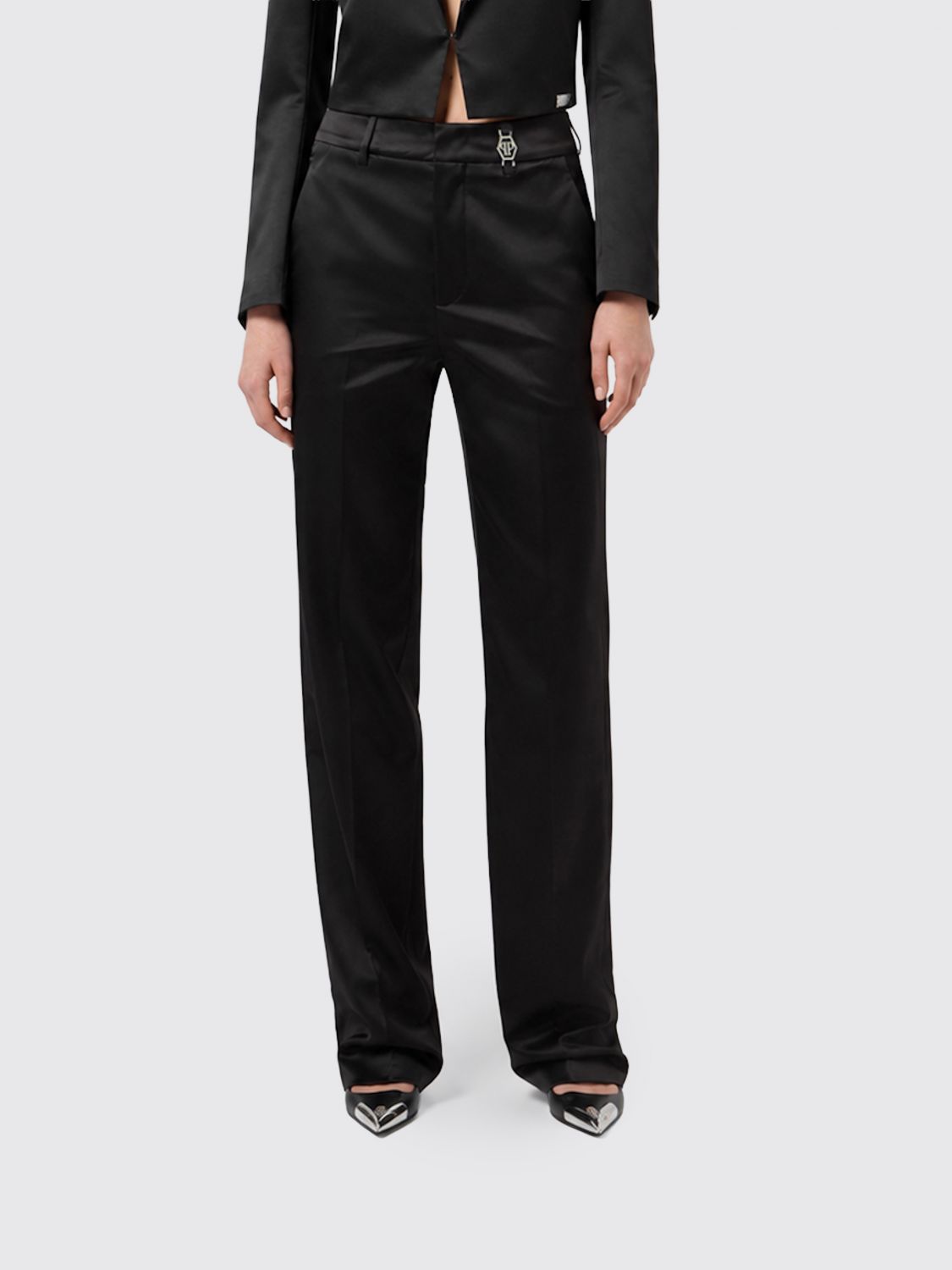 PHILIPP PLEIN Slim Fit Skinny Satin Trousers with Hexagon Logo and Mid-Rise Waist