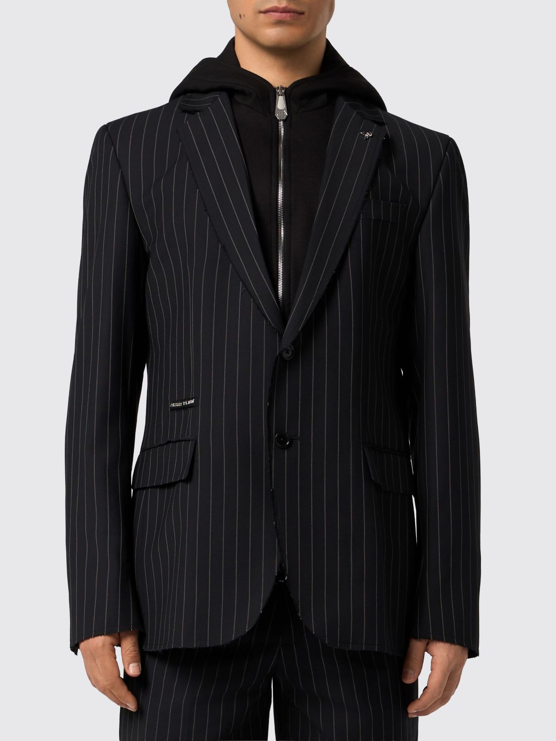 PHILIPP PLEIN Blazer gessato slim fit monopetto con cappuccio e logo Hexagon