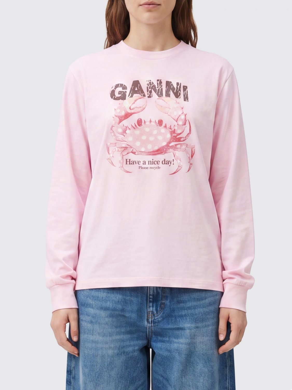 GANNI Relaxed Fit Crewneck Cotton Sweatshirt with Logo and Dropped Shoulders