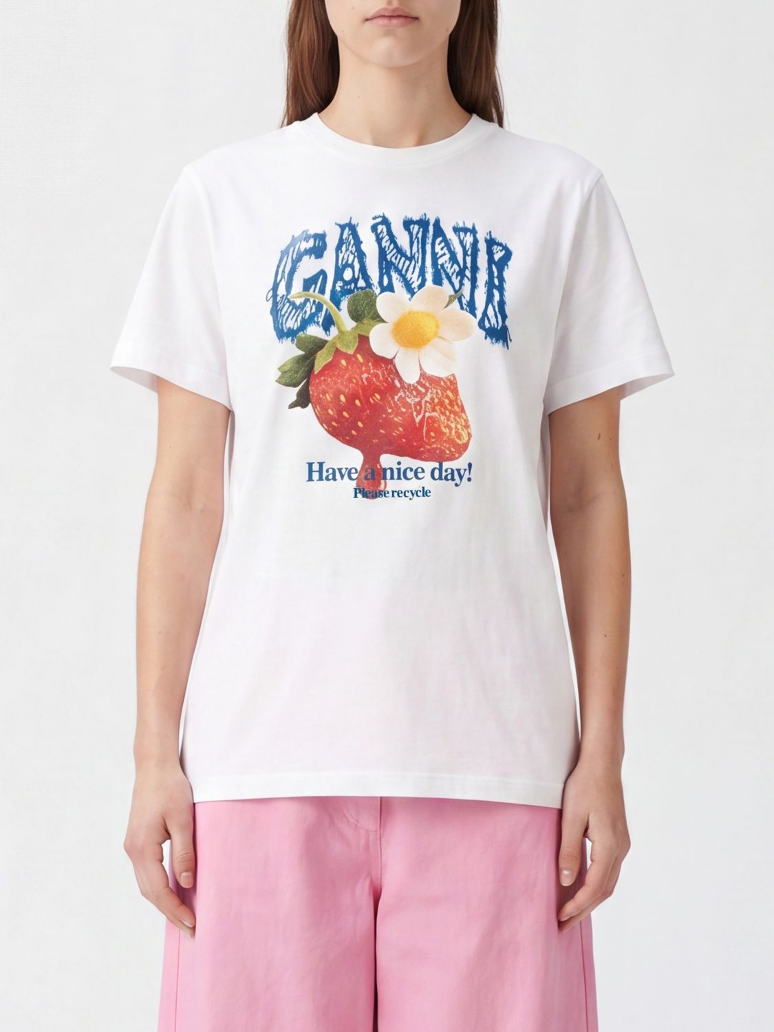 GANNI Graphic Print Cotton T-shirt with Contrasting Logo