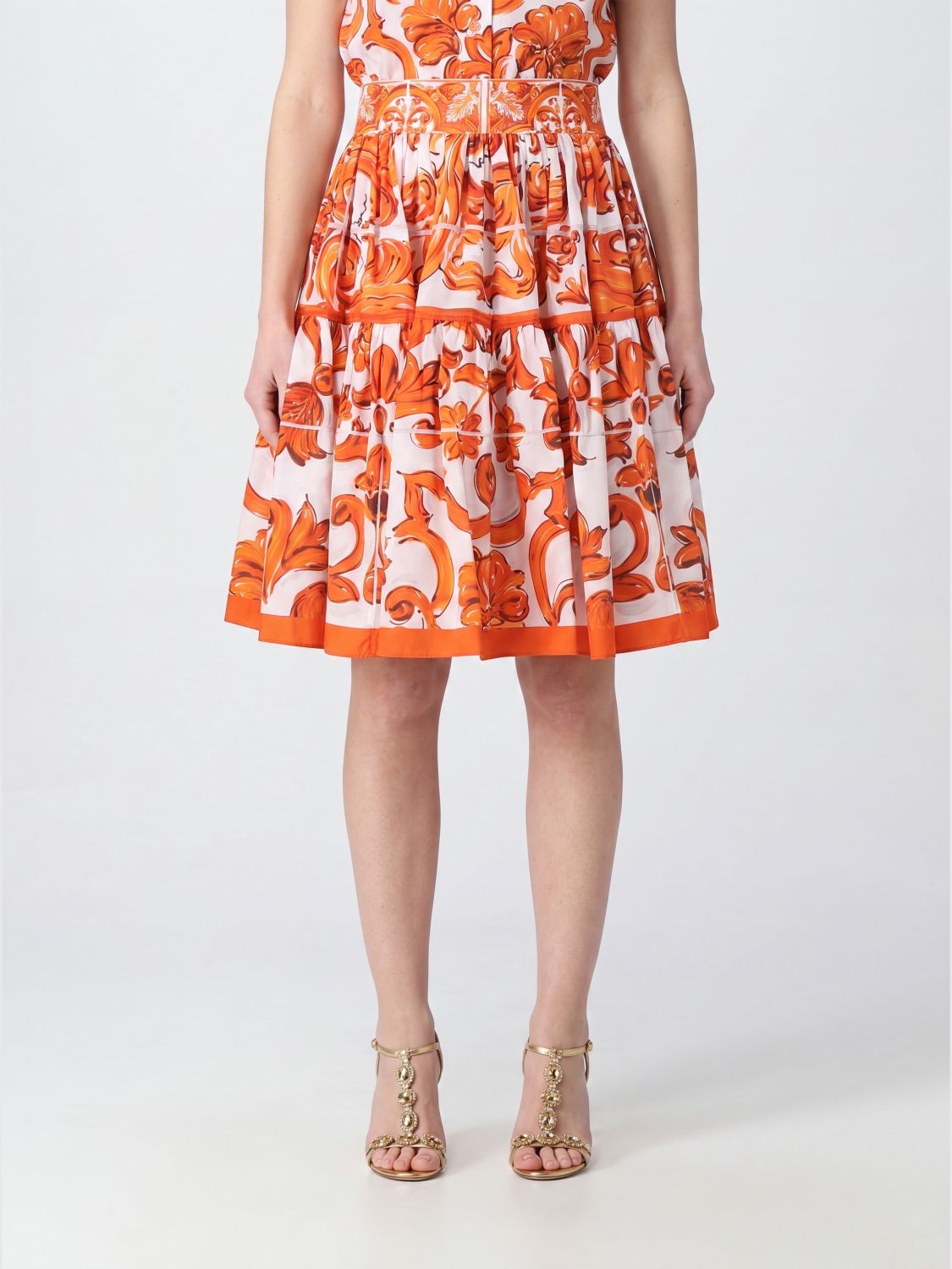 DOLCE & GABBANA High-Waisted A-Line Mini Skirt in Cotton with Maioliche Print