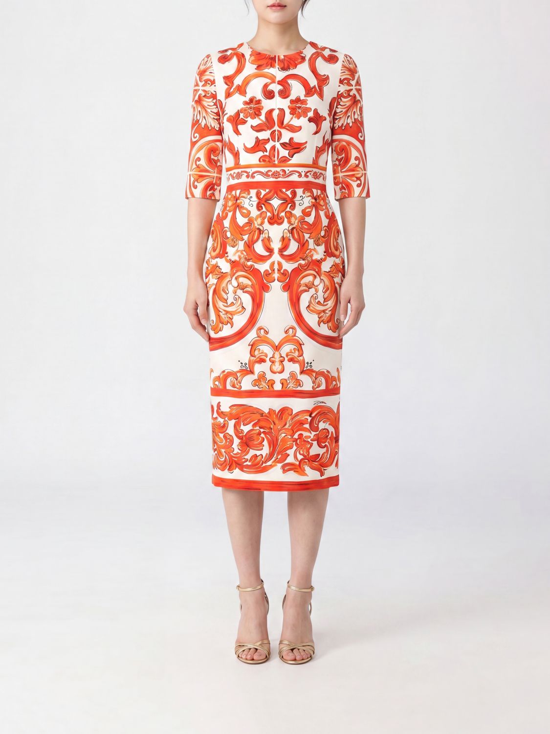 DOLCE & GABBANA Maiolica Print Silk Midi Sheath Dress with Short Sleeves