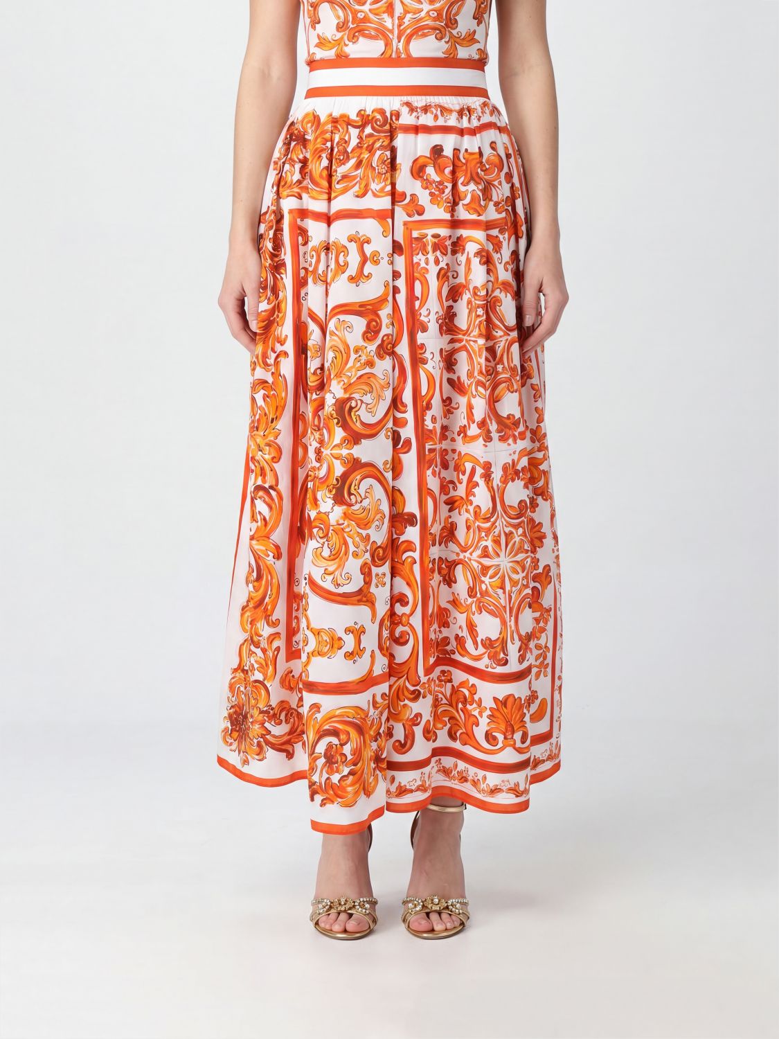 DOLCE & GABBANA High-Waisted A-Line Midi Skirt in Cotton with Maioliche Print
