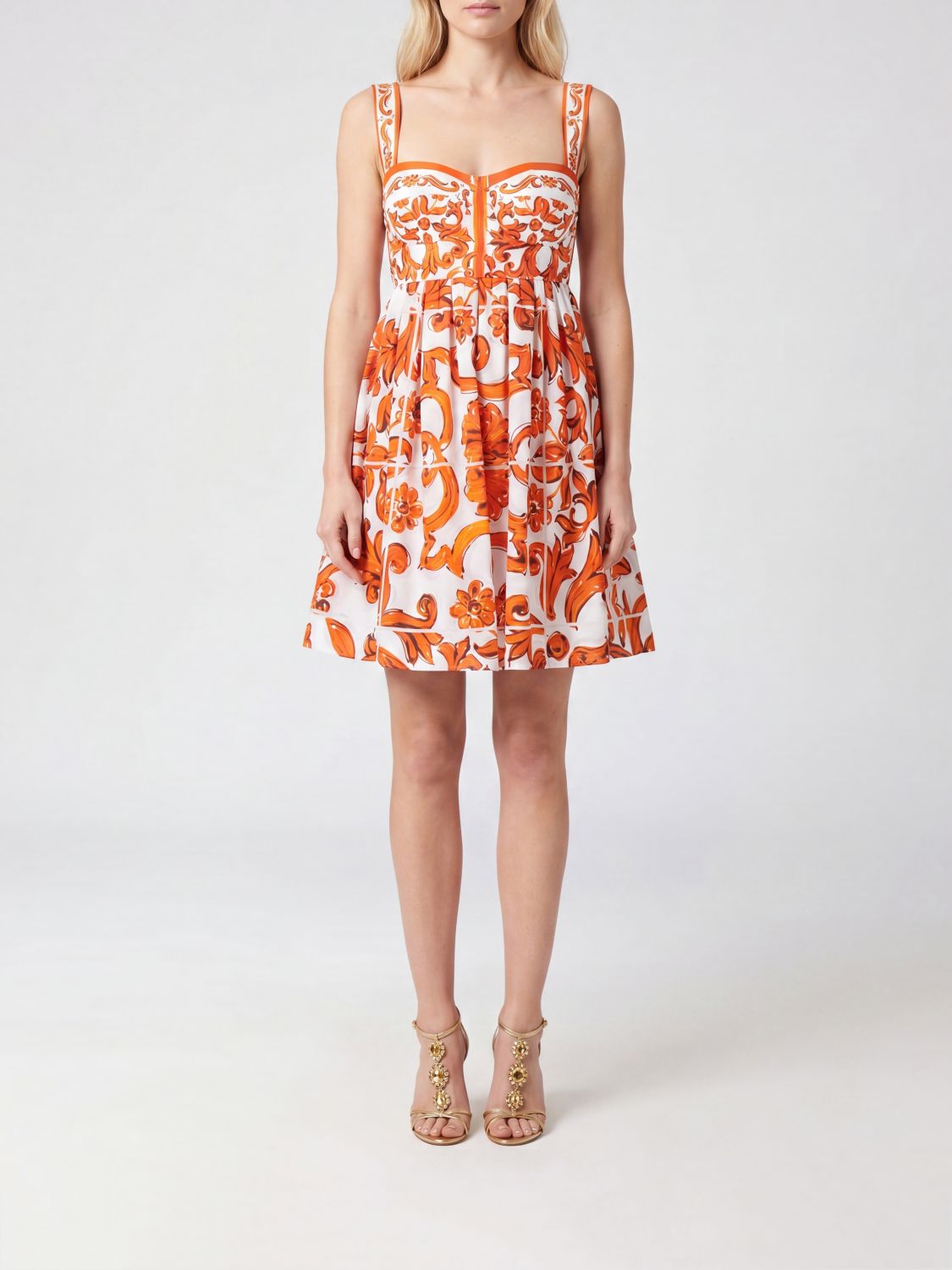 DOLCE & GABBANA Balloon Mini Dress in Cotton with Maioliche Print and Sweetheart Neckline