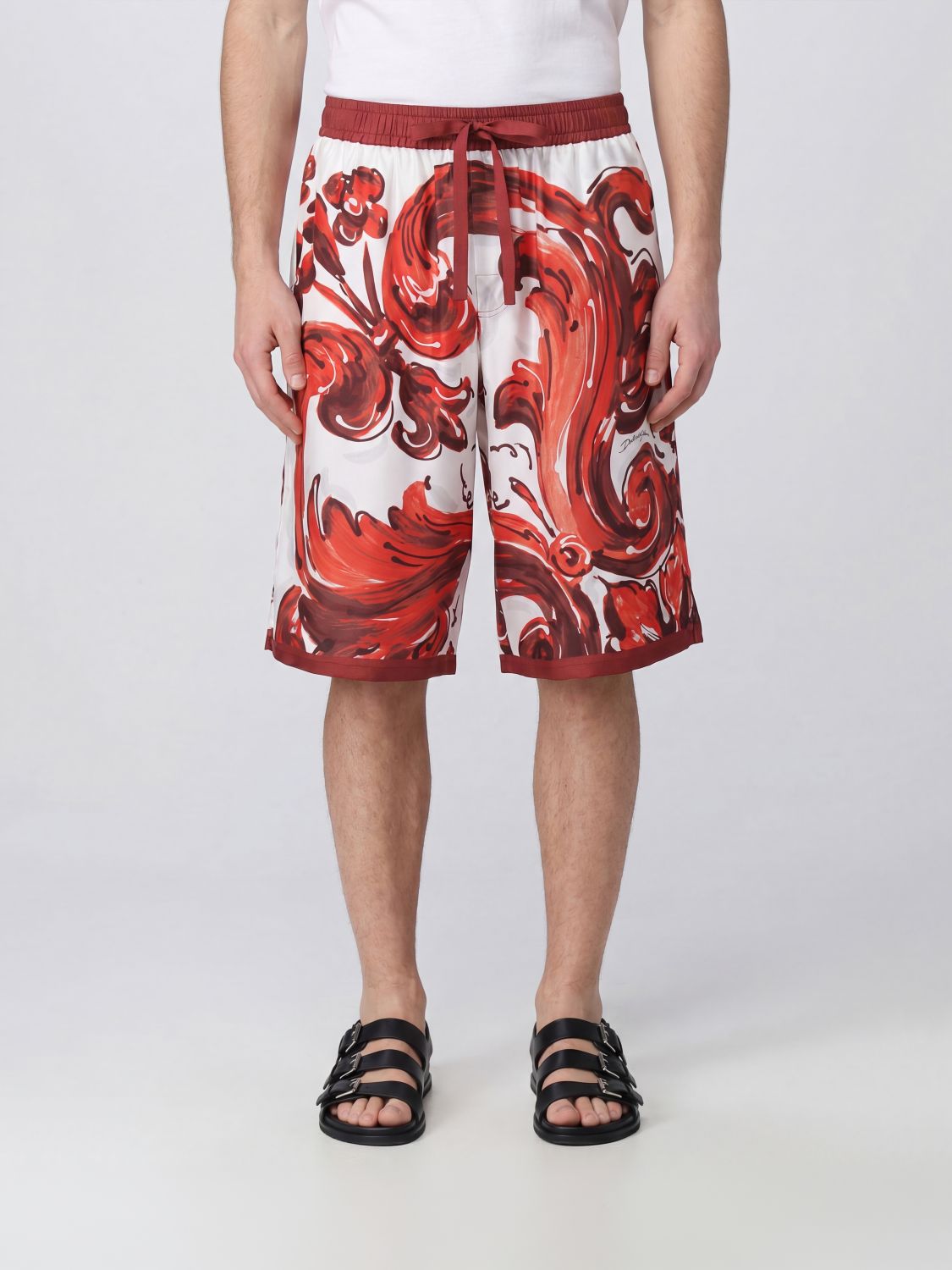 DOLCE & GABBANA Shorts al ginocchio in seta con stampa Maioliche e coulisse