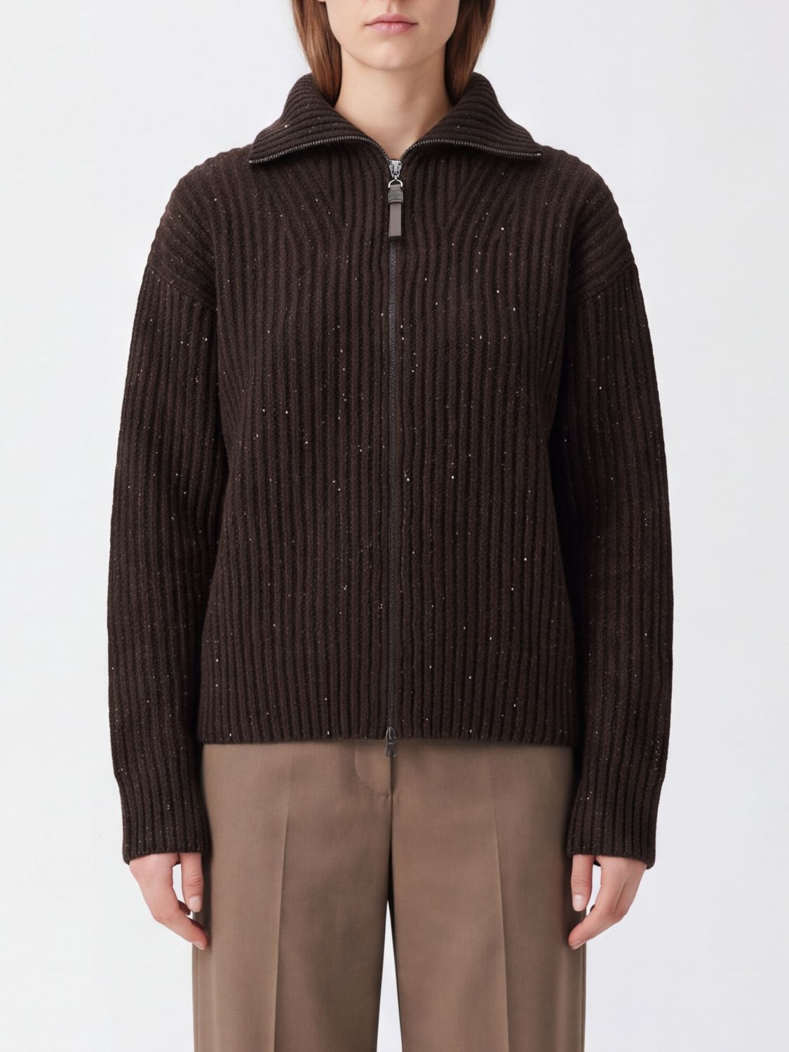 BRUNELLO CUCINELLI Ribbed Wool-Blend Cardigan with Zip and Sequins