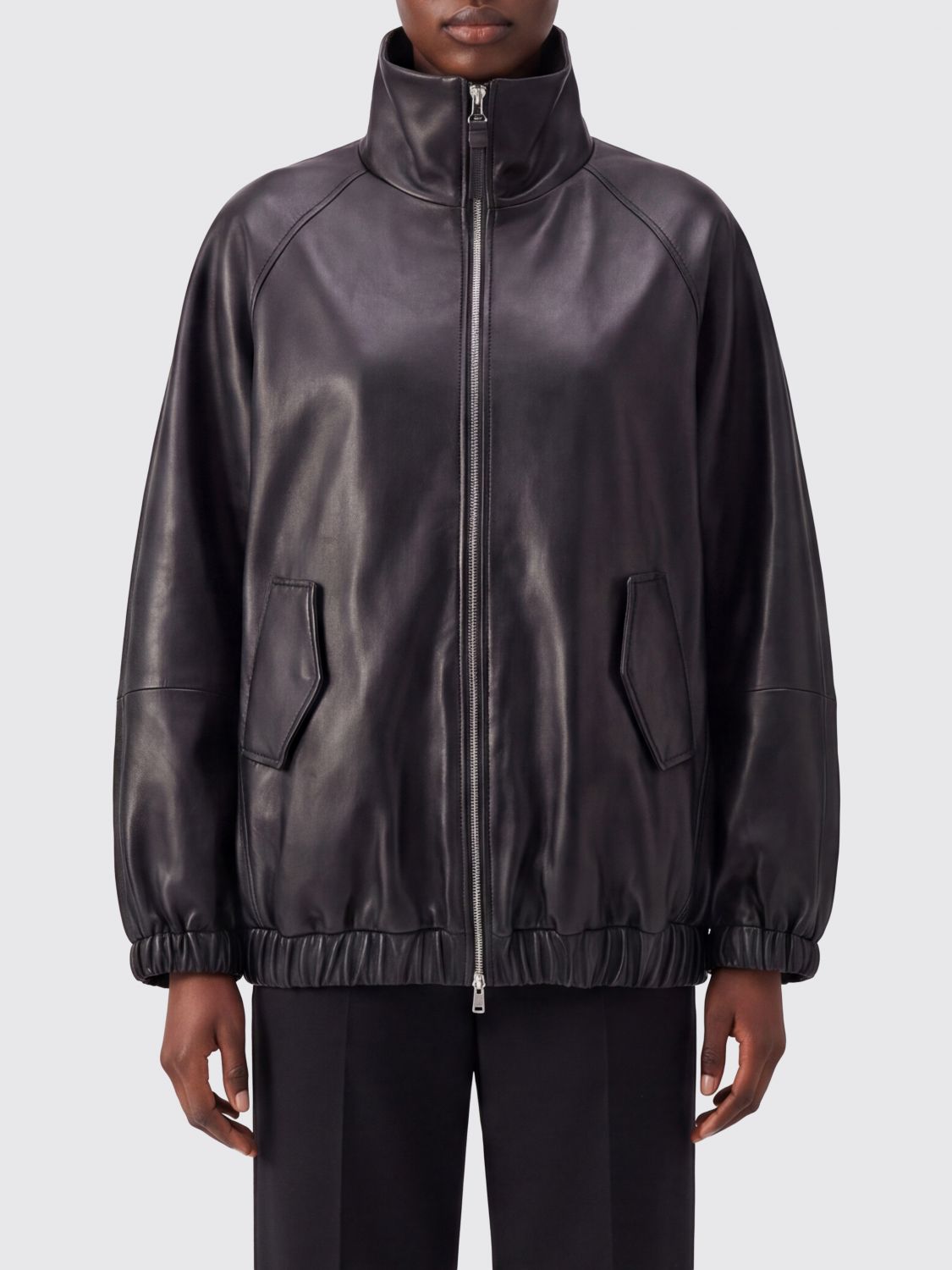 BRUNELLO CUCINELLI Relaxed Fit Lambskin Leather Bomber Jacket with High Neck