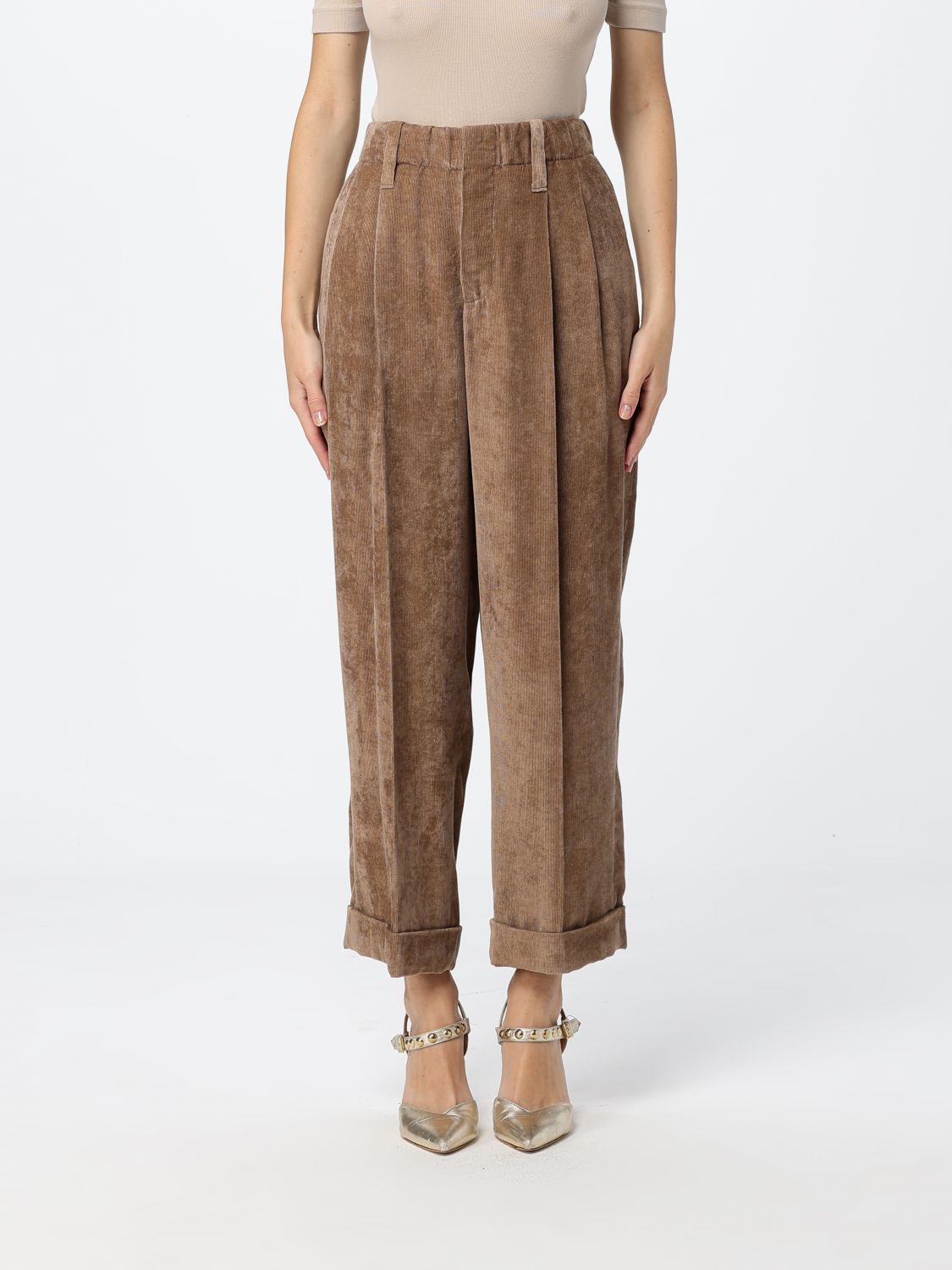 BRUNELLO CUCINELLI Pantaloni cropped a gamba larga in velluto a coste di cashmere