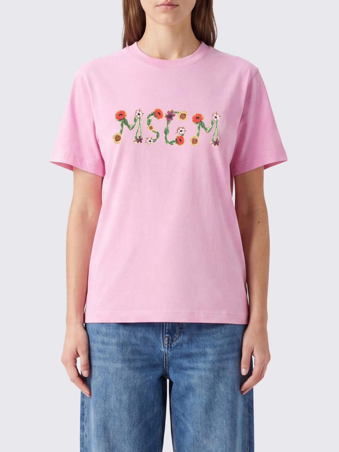 MSGM T-shirt girocollo in cotone con stampa logo a contrasto