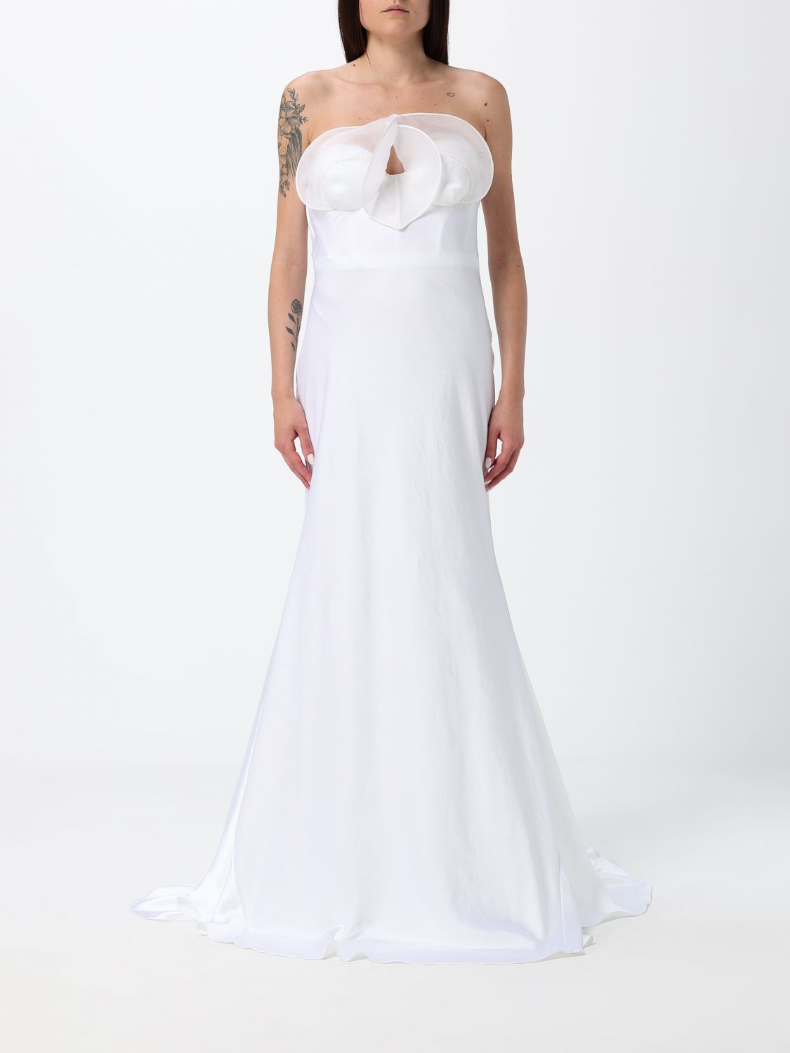 GENNY Off-the-Shoulder Satin Bustier Bridal Gown with Ruffles