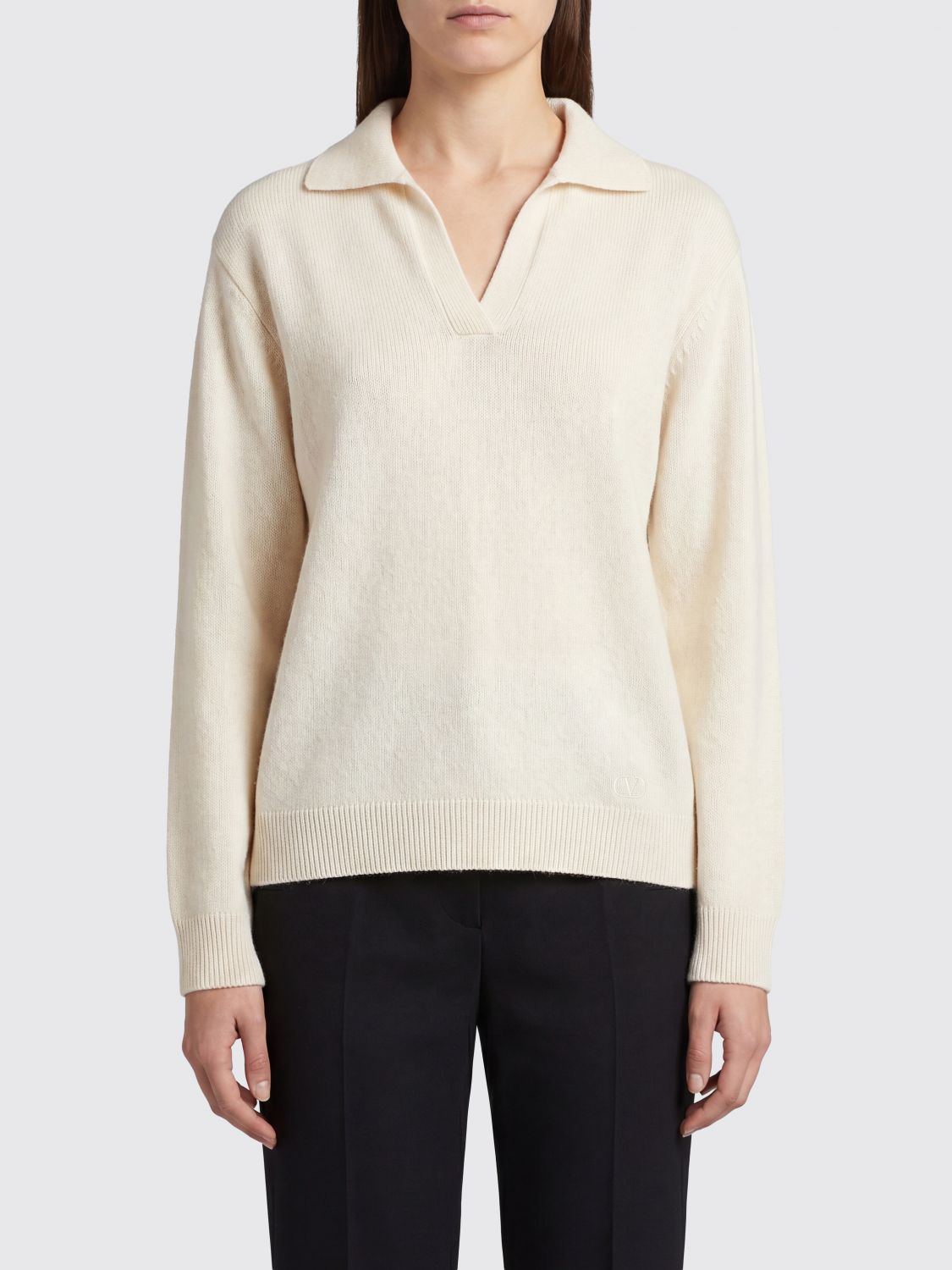 Valentino Polo in maglia di puro cashmere con scollo a V e maniche lunghe