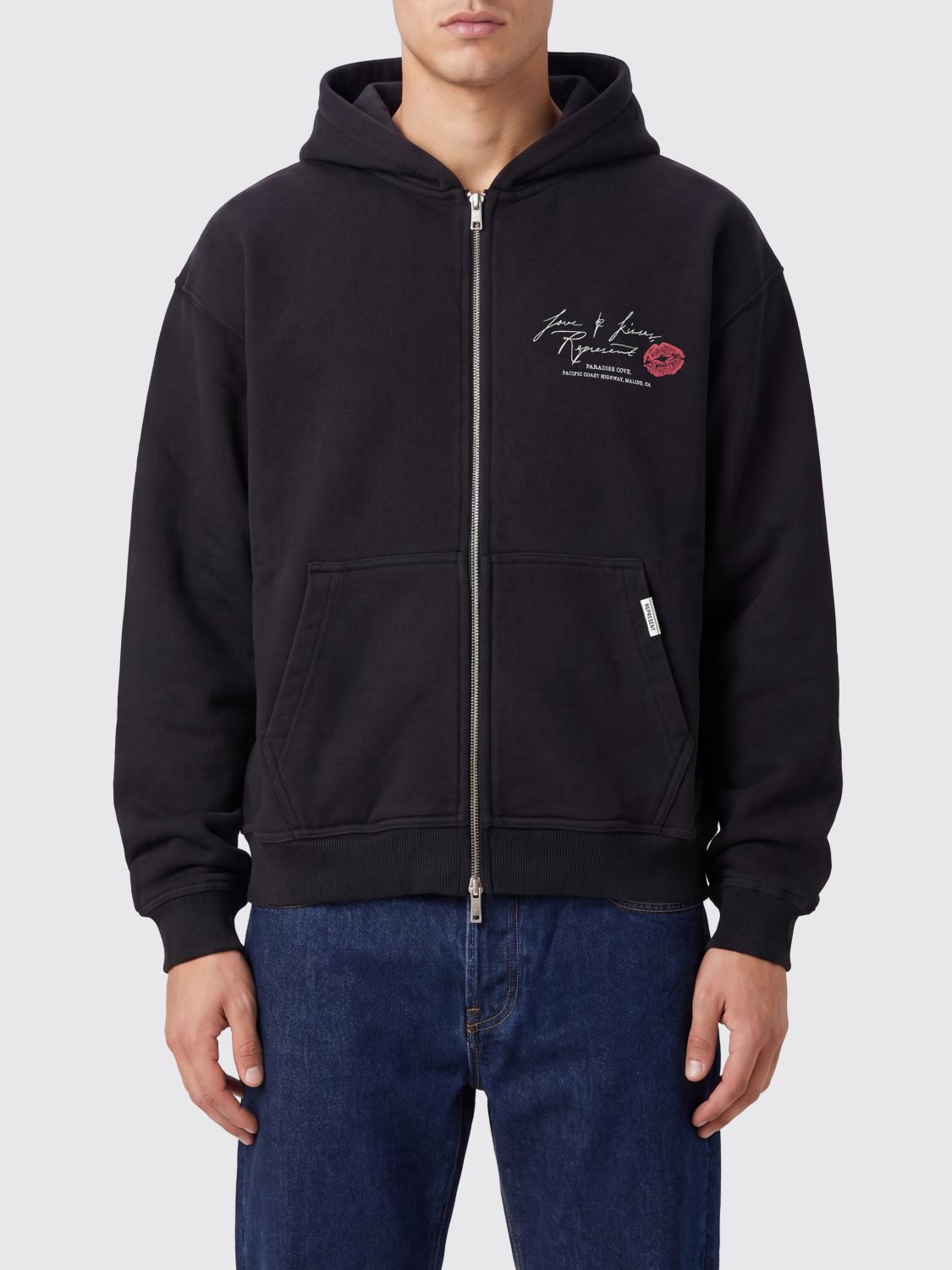 REPRESENT Felpa con cappuccio e zip in cotone con logo stampato e tasche a marsupio
