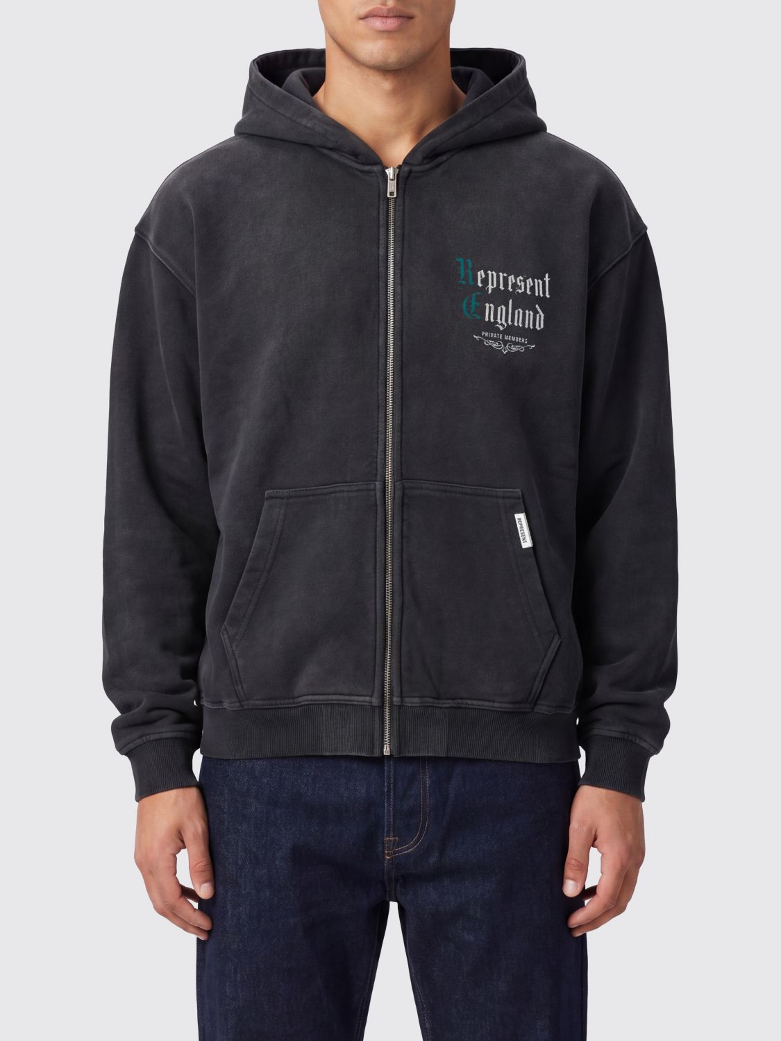 REPRESENT Felpa relaxed fit con cappuccio e zip in cotone e logo stampato