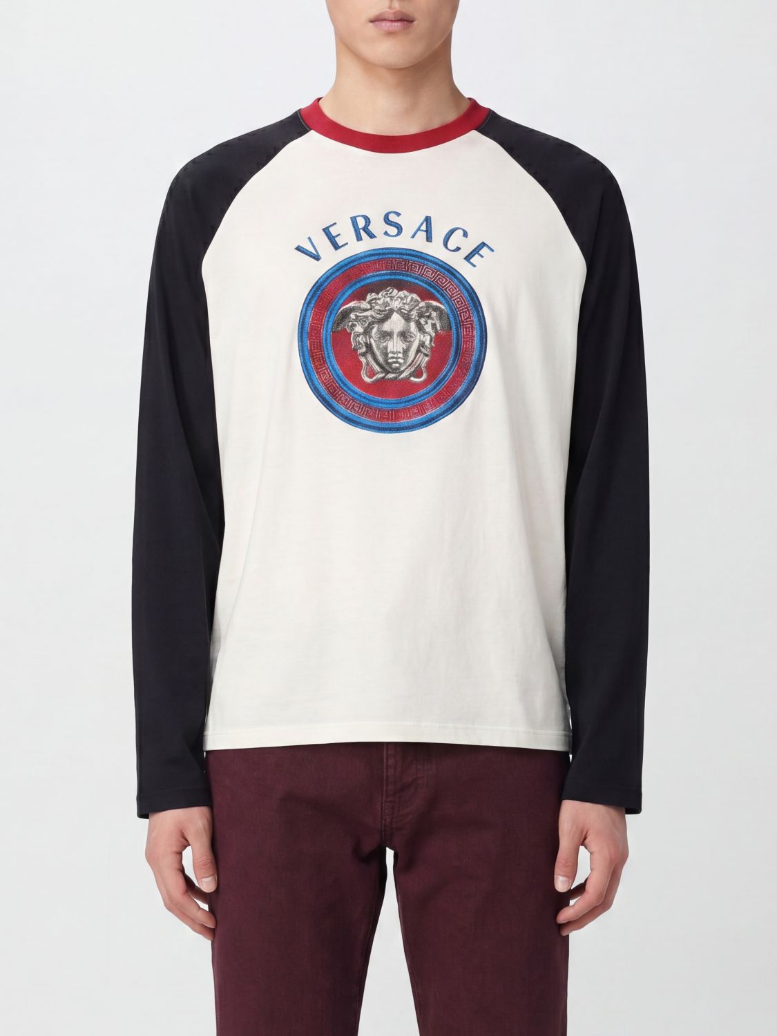 VERSACE Long-Sleeved Cotton T-shirt with Medusa Logo and Contrast Trims