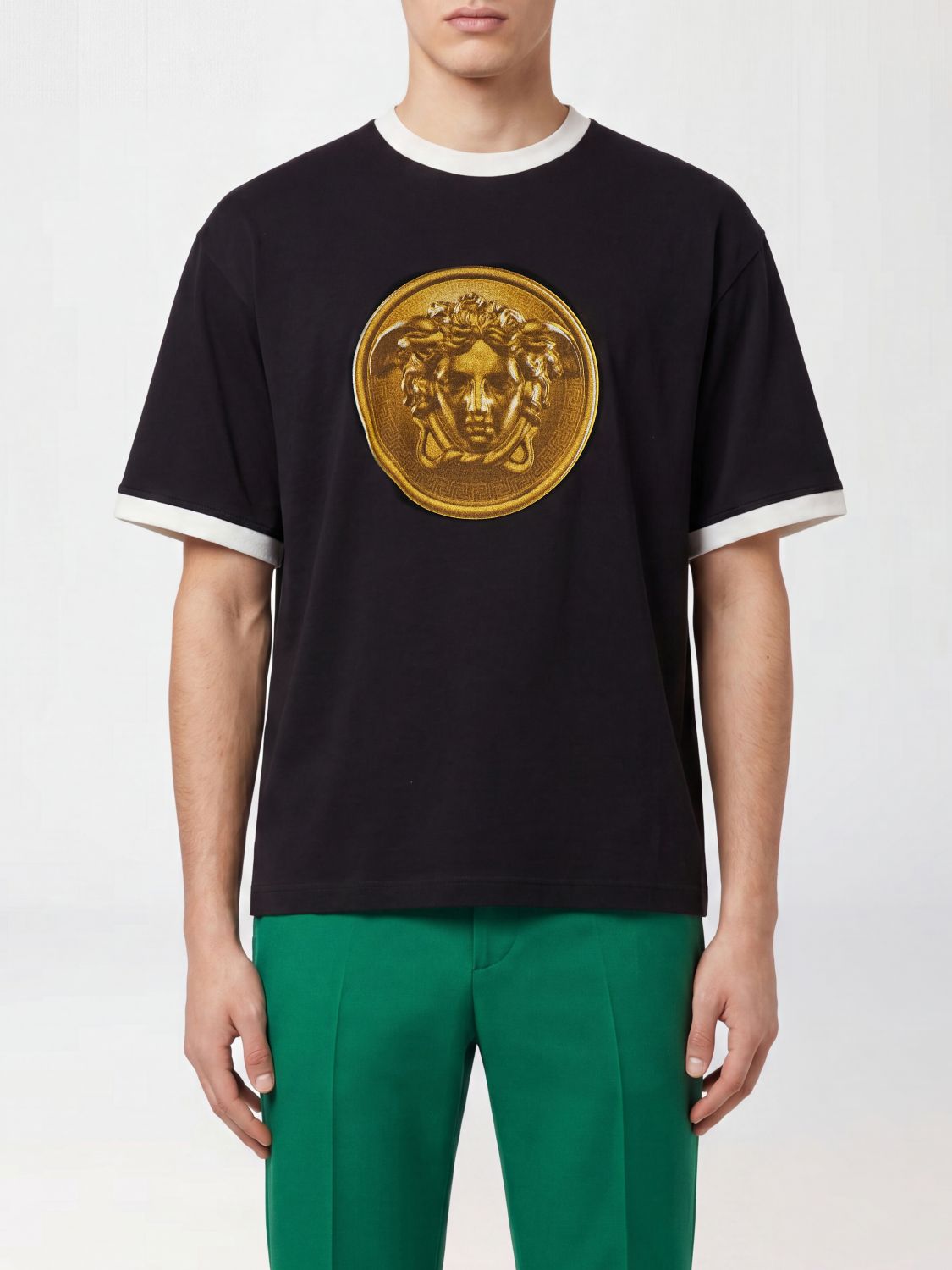 VERSACE Cotton T-shirt with Medusa Logo and Dropped Shoulders