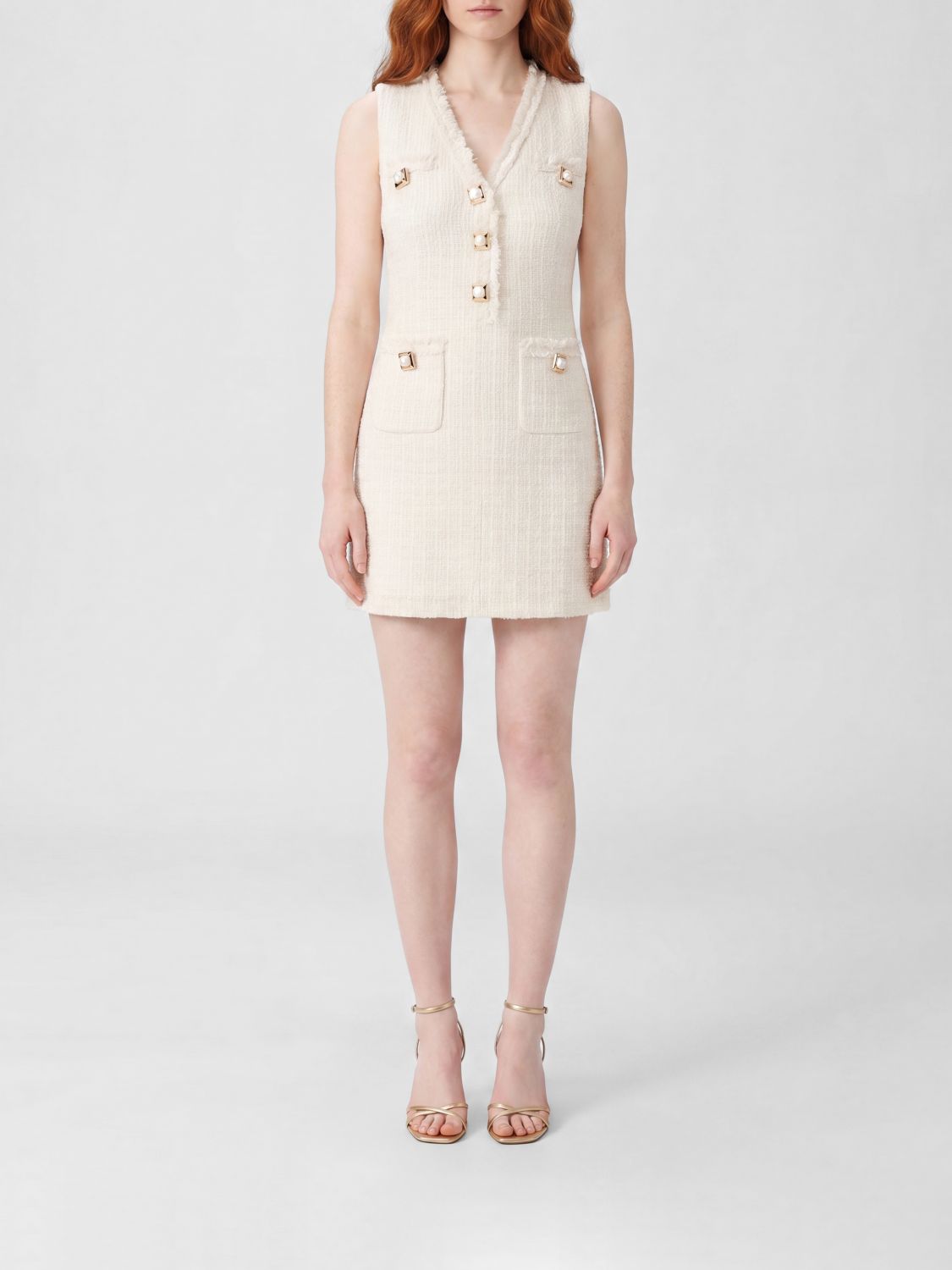 SELF-PORTRAIT Off-the-Shoulder V-Neck Tweed Midi Cocktail Dress