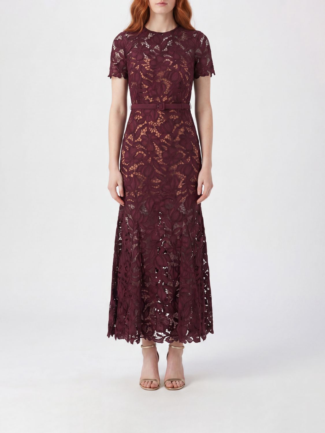 SELF-PORTRAIT A-Line Short-Sleeved Lace Mini Dress with Belt
