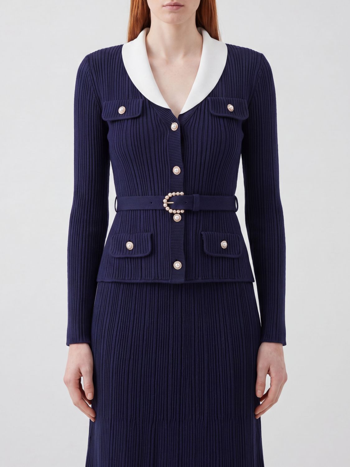SELF-PORTRAIT Slim Fit Ribbed-Knit Cardigan with Lapels and Belt