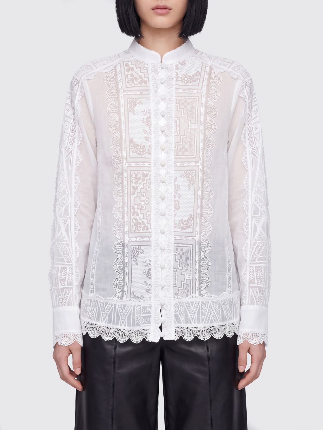 ZIMMERMANN Aster Ramie Shirt with Mandarin Collar and Lace Details