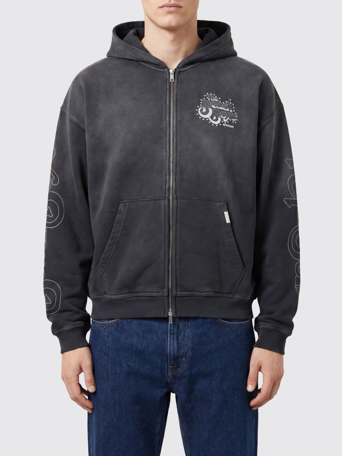 REPRESENT Felpa in cotone con cappuccio, zip e stampa grafica