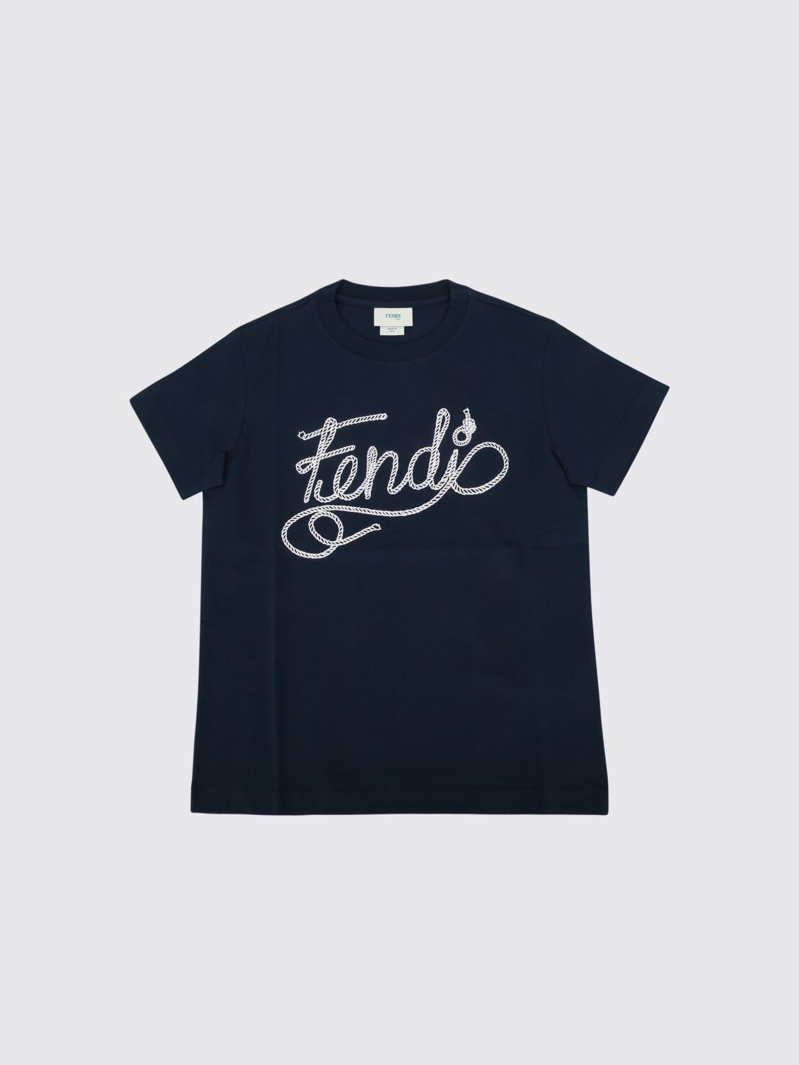 FENDI Boy's Black Cotton T-Shirt with Contrasting Logo Print　FENDI ボーイズ ブラック コットン T シャツ コントラストロゴプリント FENDI