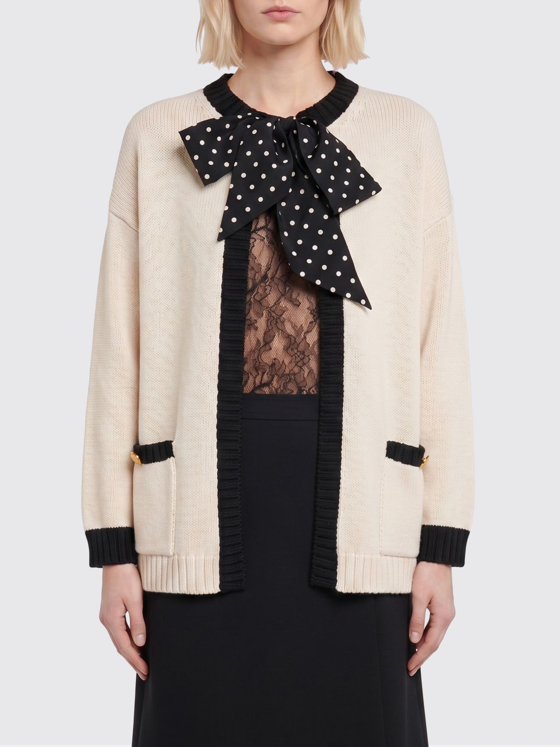 VALENTINO GARAVANI Cardigan in a Cotton Blend with Bow Appliqué and Patch Pockets