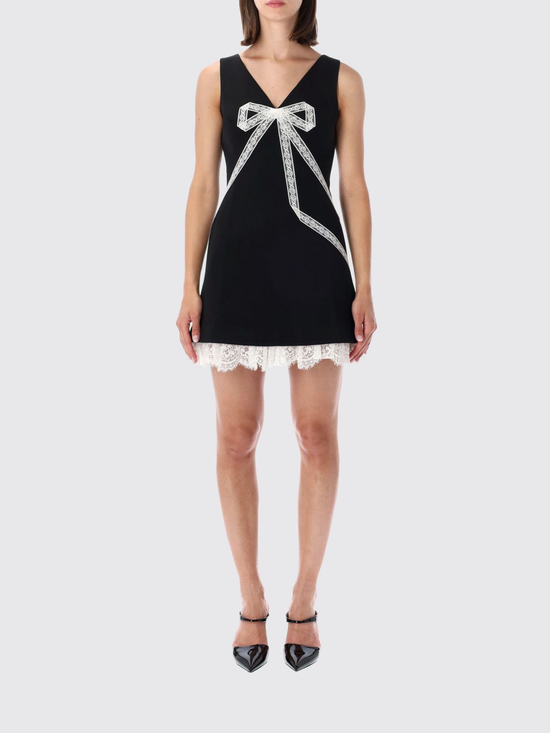 SELF-PORTRAIT Off-the-Shoulder Crêpe Sheath Mini Dress with Lace Inserts SELF-PORTRAIT