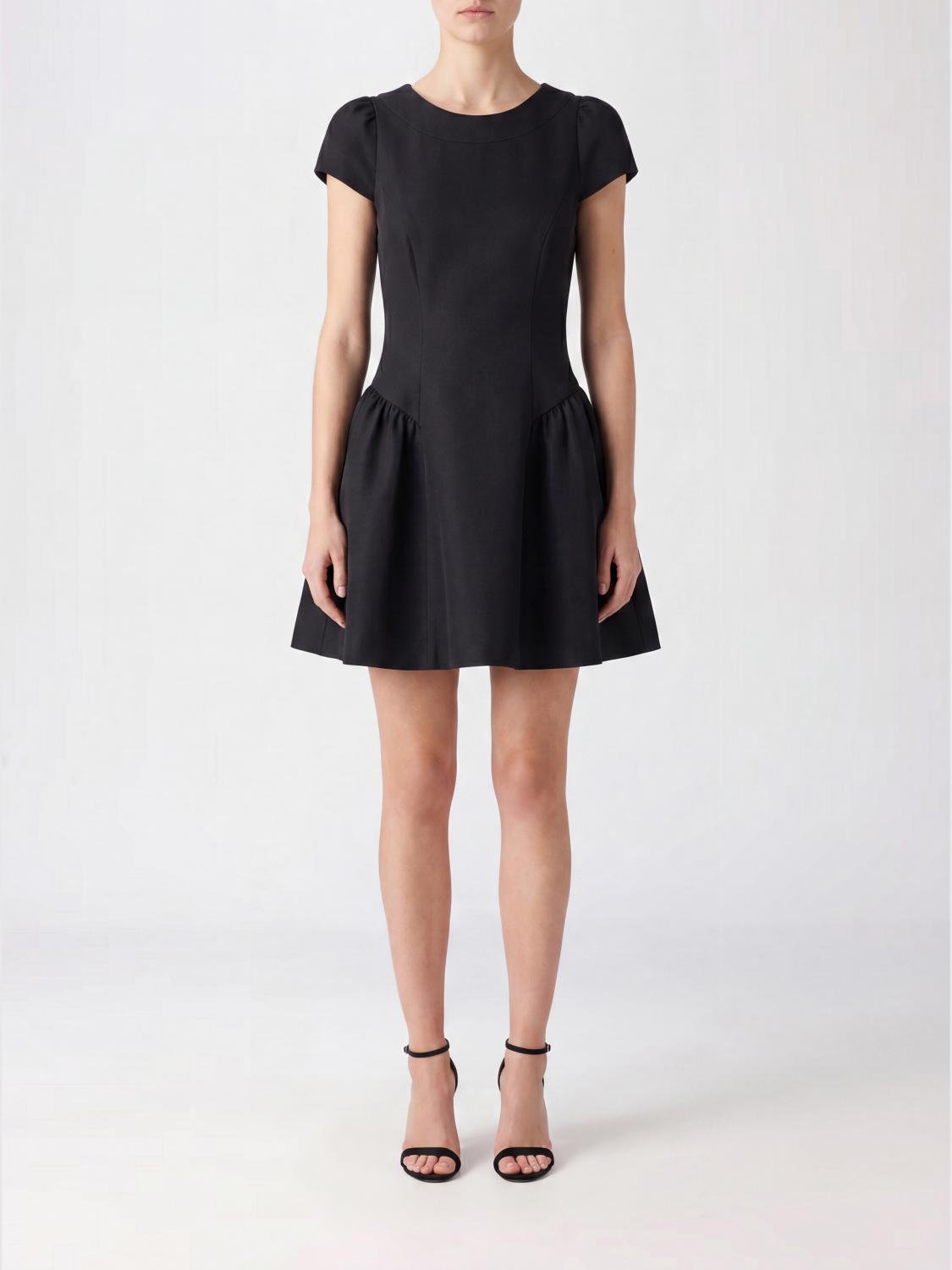 SELF-PORTRAIT Black Cady Midi Cocktail Dress with Short Sleeves