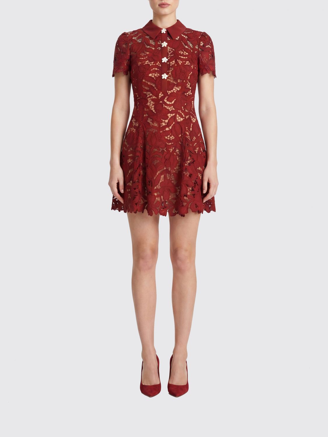 SELF-PORTRAIT Jewelled Button Lace Mini Shirt Dress