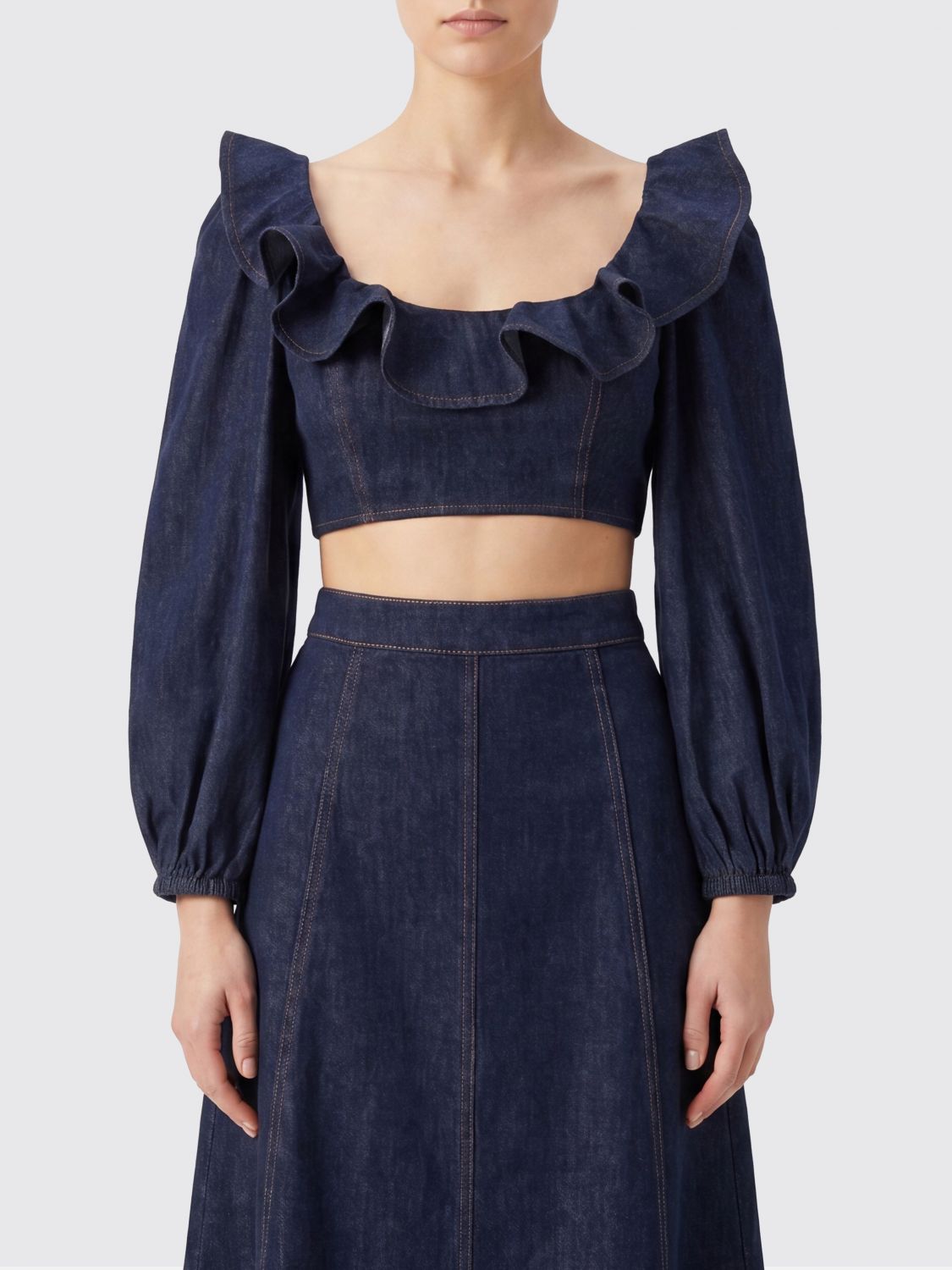 ZIMMERMANN Top cropped in denim di cotone a maniche lunghe con rouches