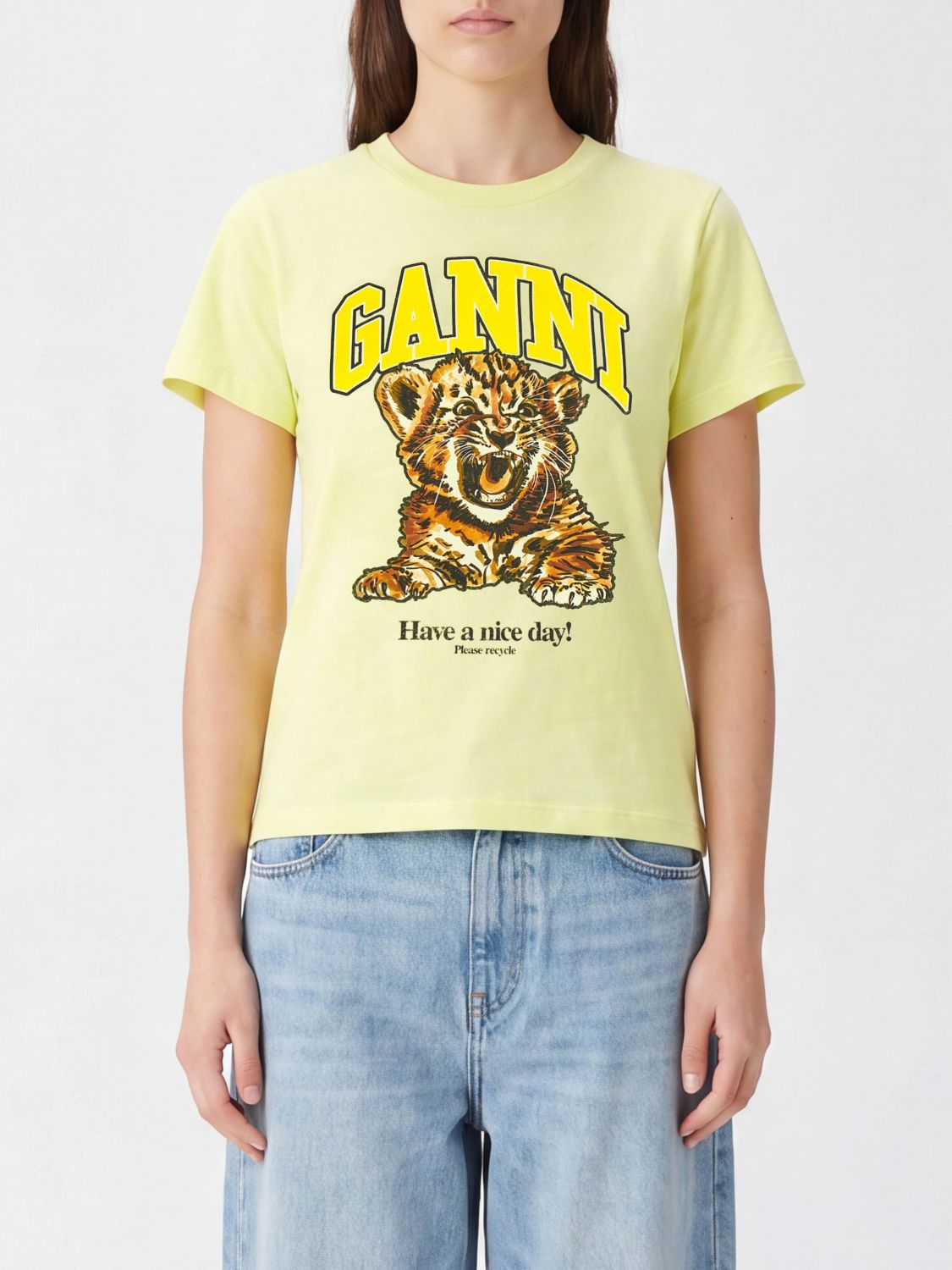 GANNI Slim Fit Cotton T-Shirt with Graphic Logo Print