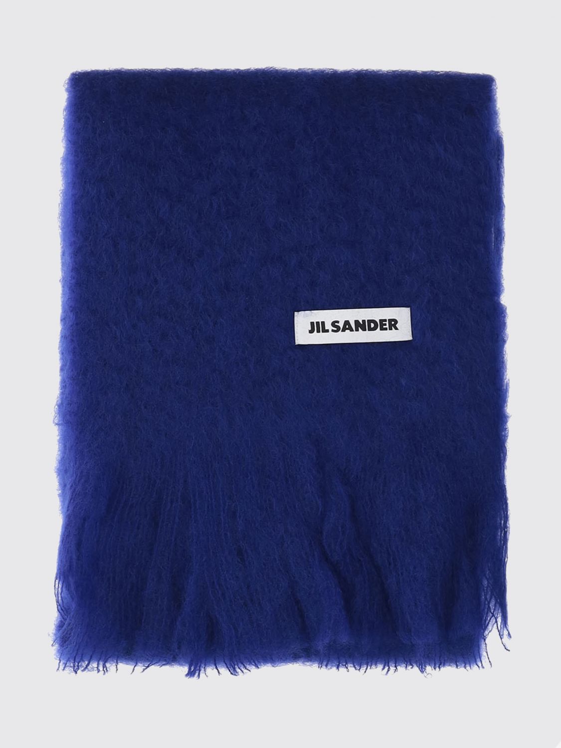 JIL SANDER Fringed Mohair Wool Blend Scarf with Applied Logo Patch