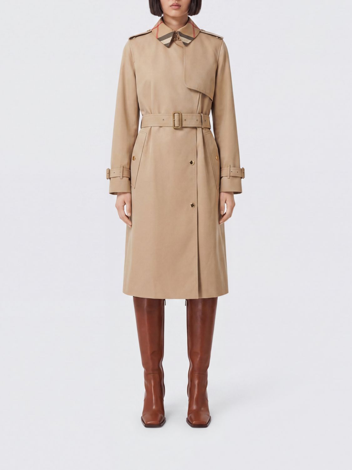 BURBERRY Knee-Length Double-Breasted Cotton Trench Coat with Belt and Check Collar