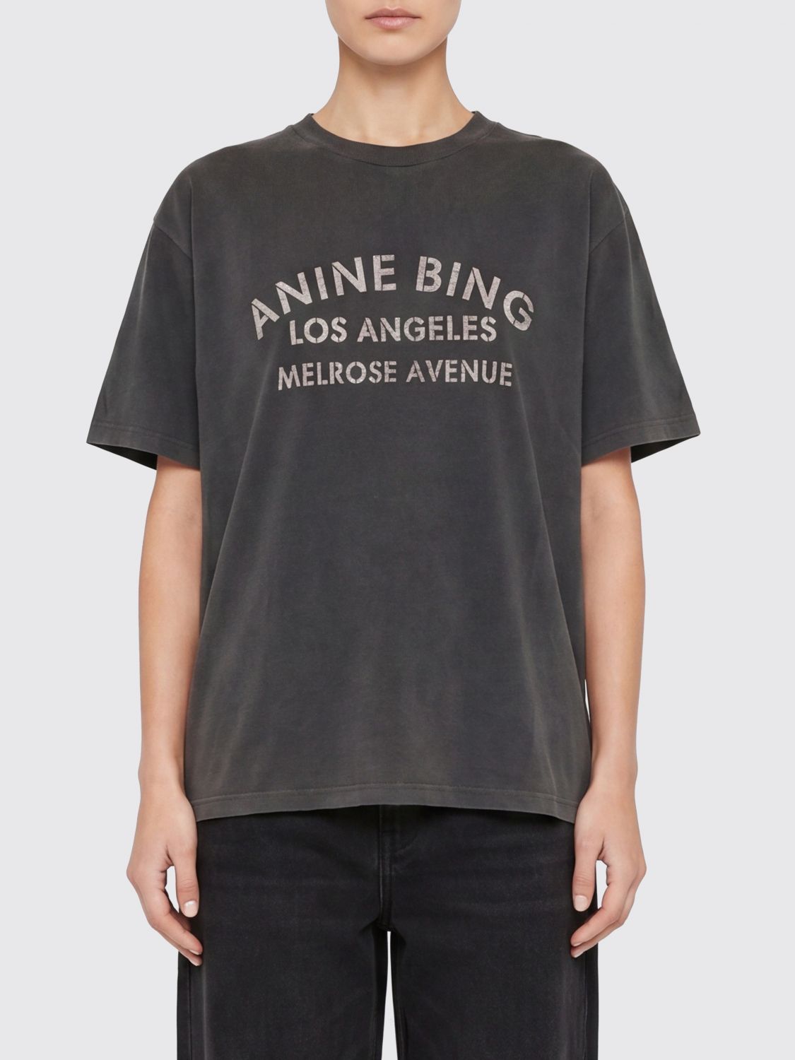ANINE BING T-shirt in cotone con stampa slogan e logo a contrasto