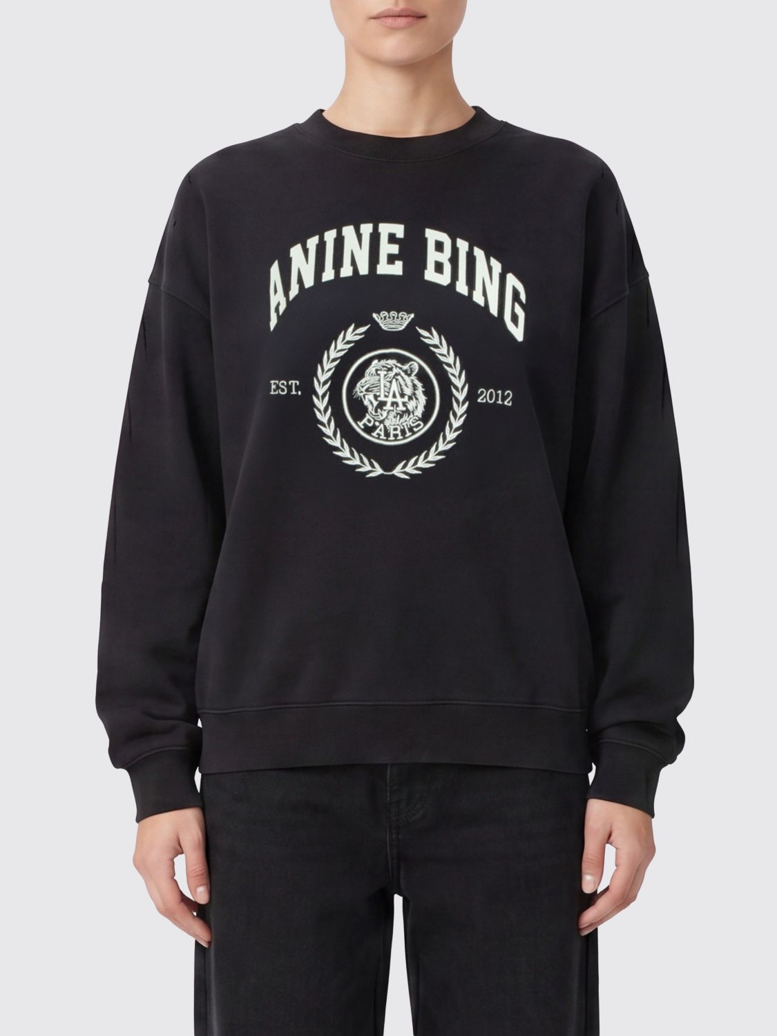 ANINE BING Felpa girocollo in cotone con logo e spalle cadute