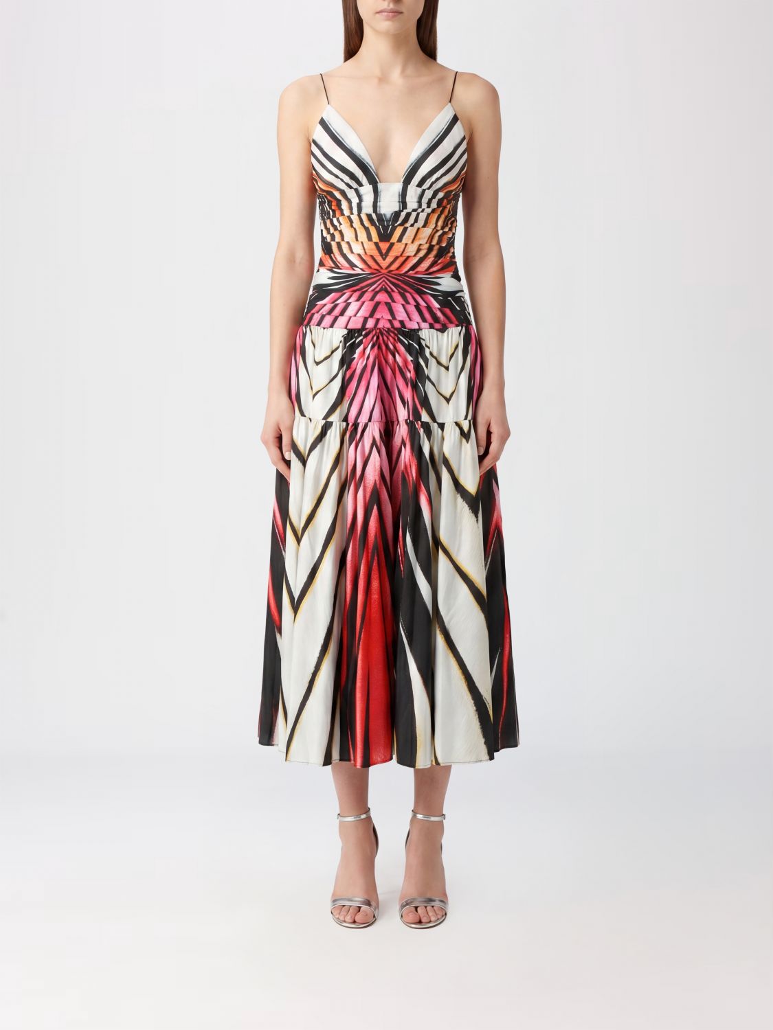 ROBERTO CAVALLI Abito midi A-line in cotone stretch con stampa astratta