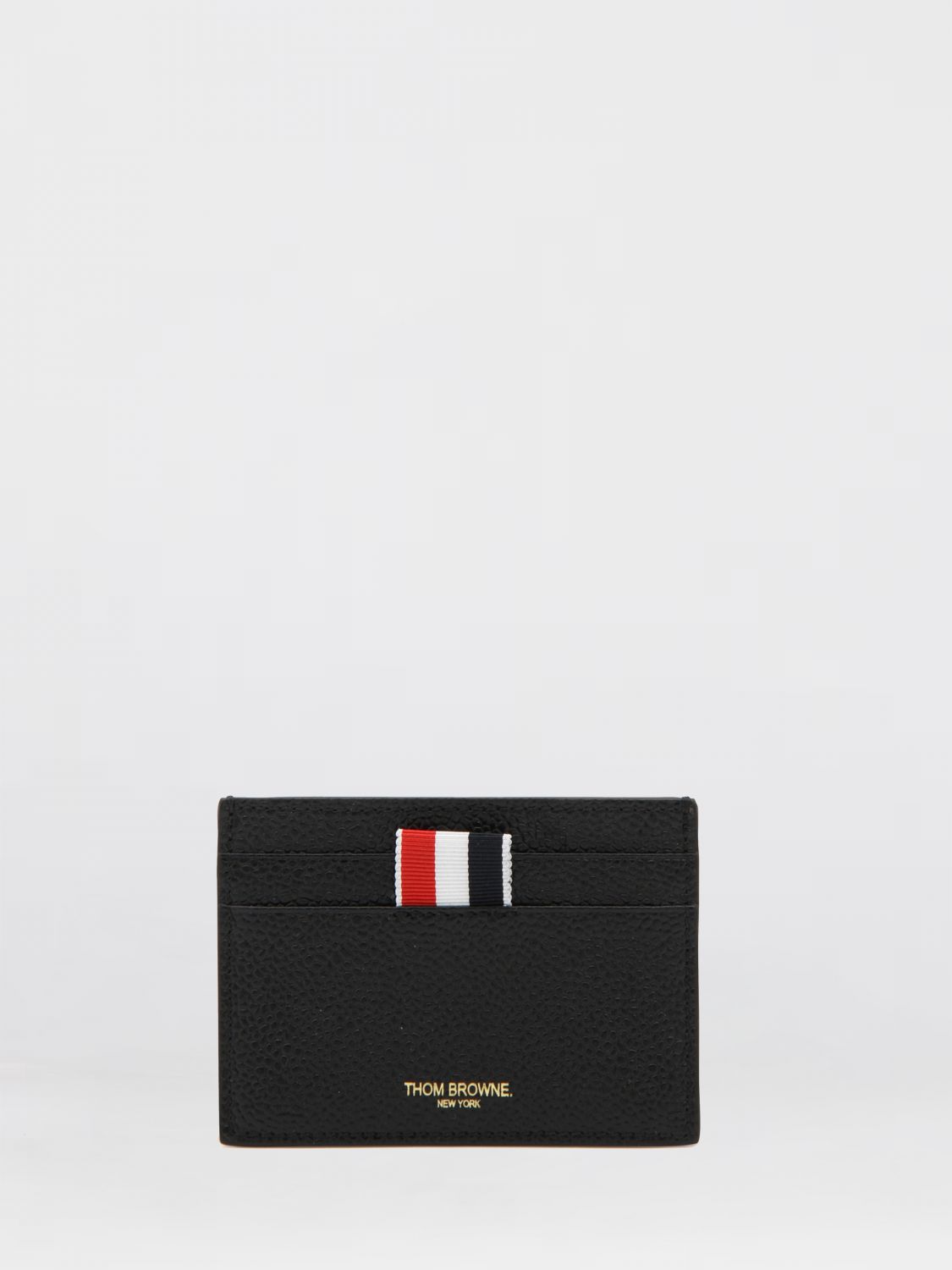 THOM BROWNE Flat Card Holder in Grained Leather with Stripe Pattern and Laminated Logo　THOM BROWNE フラット カード ホルダー グレイン レザー ストライプ パターンとラミネート加工ロゴ THOM