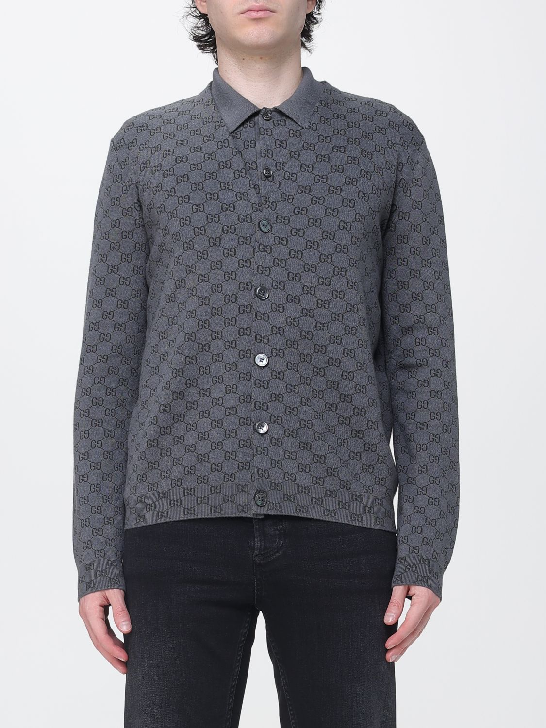 GUCCI Cardigan in misto lana con monogram GG jacquard e scollo a V
