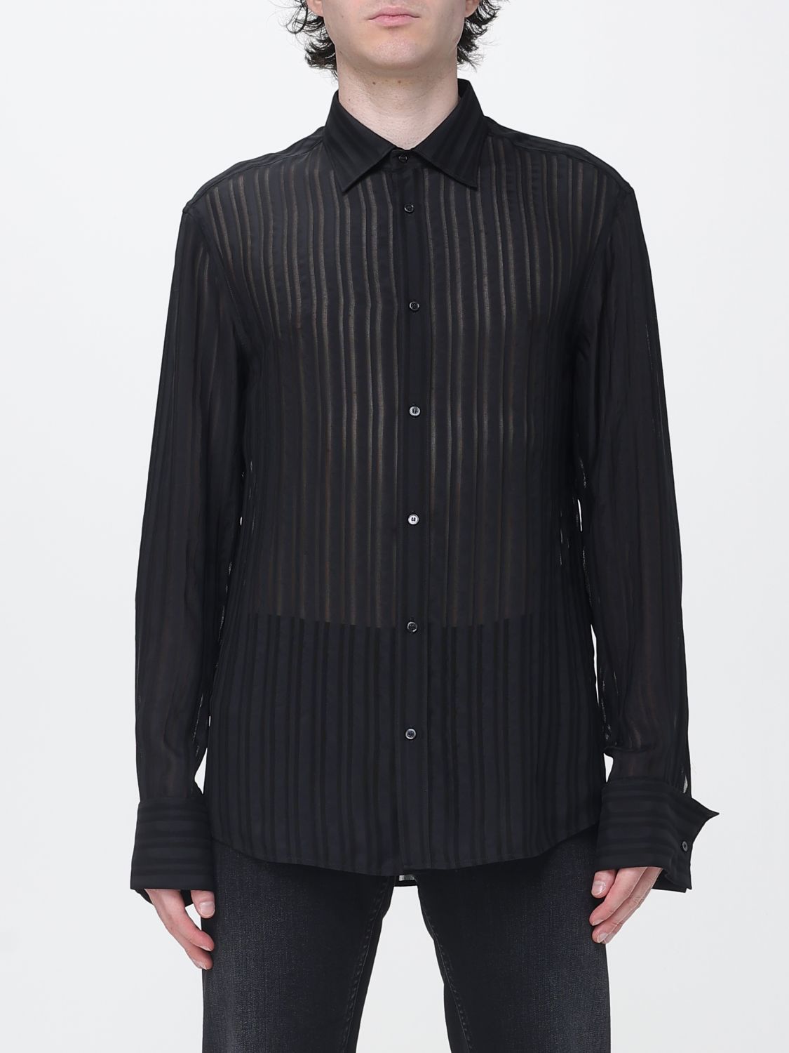 GUCCI Camicia a maniche lunghe in seta con colletto francese e orlo curvo
