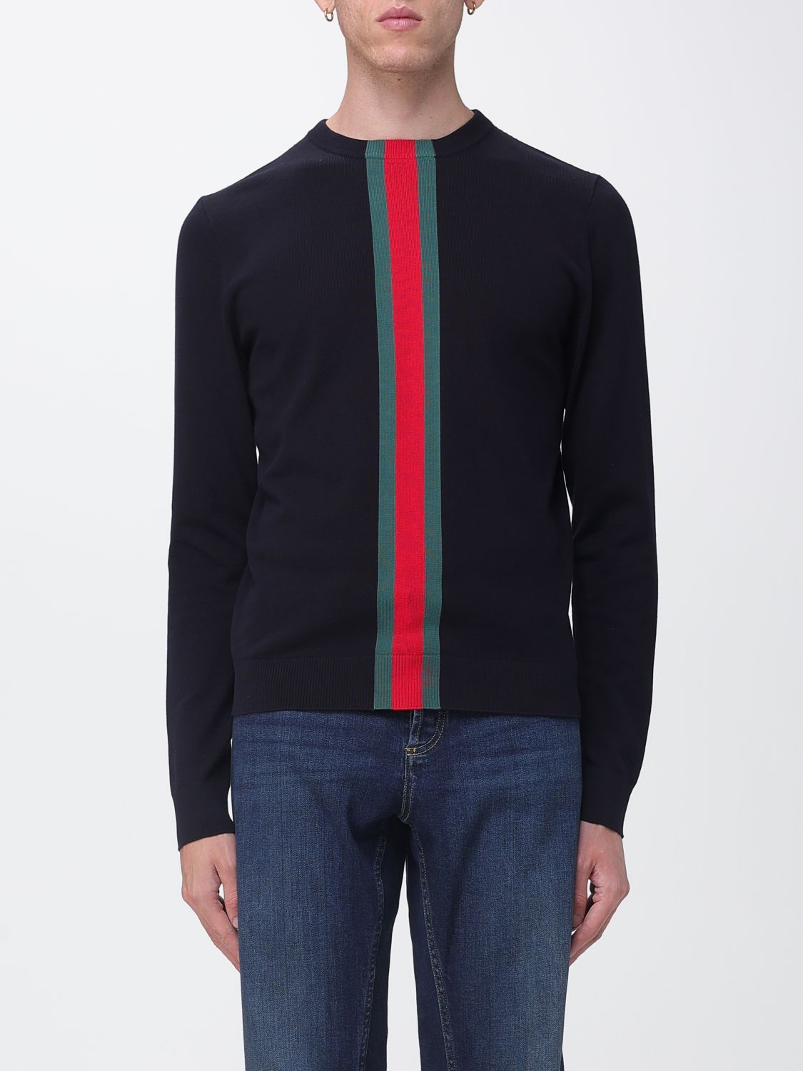 GUCCI Maglia a righe in cotone con dettaglio Web e scollo a girocollo