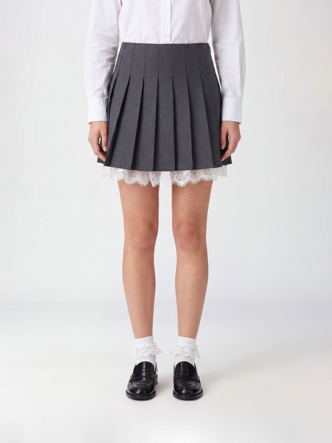 SELF-PORTRAIT Pleated Wool-Blend Mini Skirt with Lace Inserts