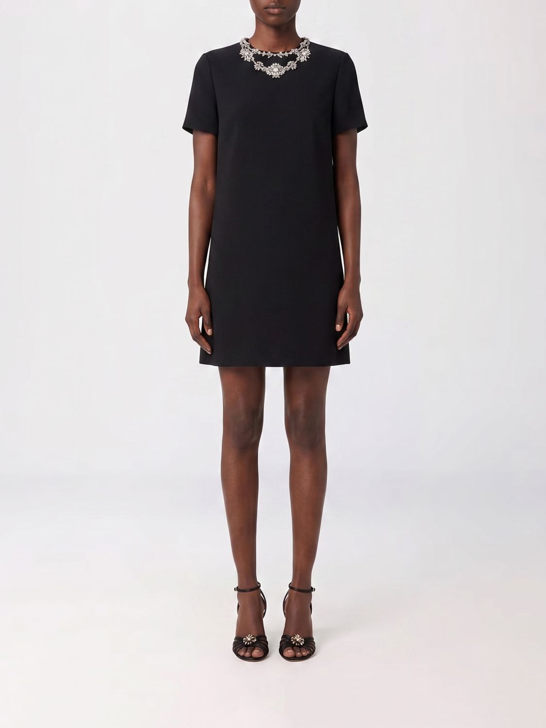 VALENTINO A-Line Mini Dress in Wool and Silk Crêpe with Crystal Embroidery