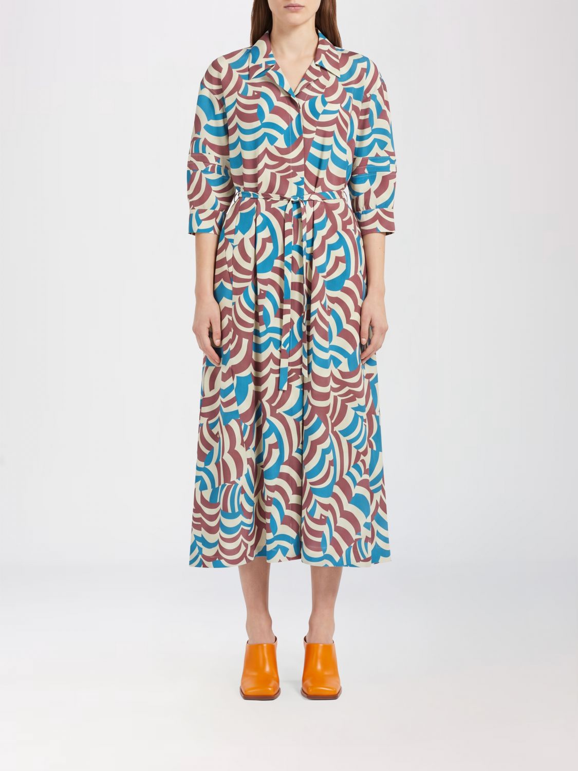 MARNI Abito chemisier midi in cotone a maniche corte con stampa a onde