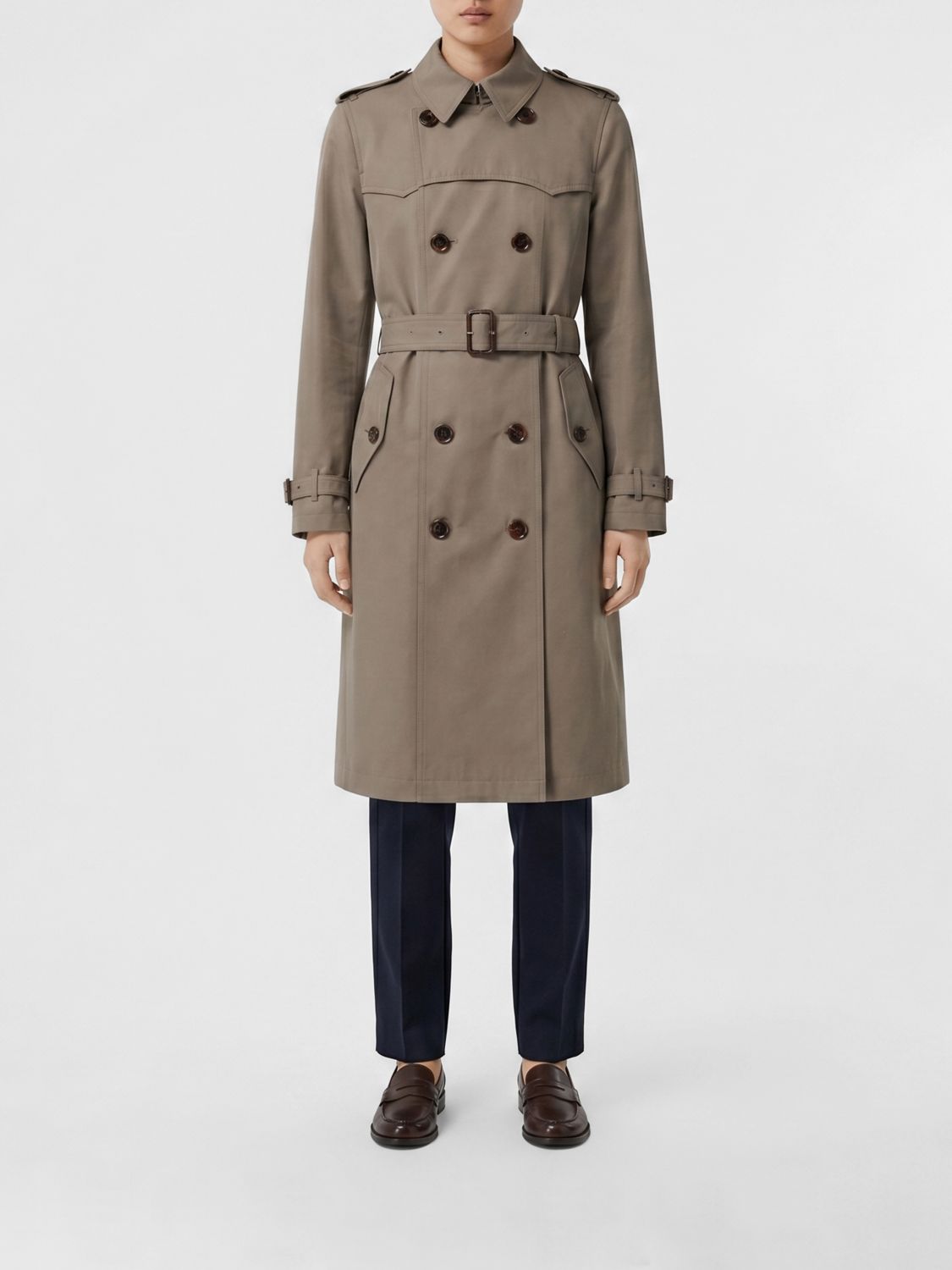 Burberry Double-breasted Long Trench Coat In Silk And Cotton Blend With Belt In Brown