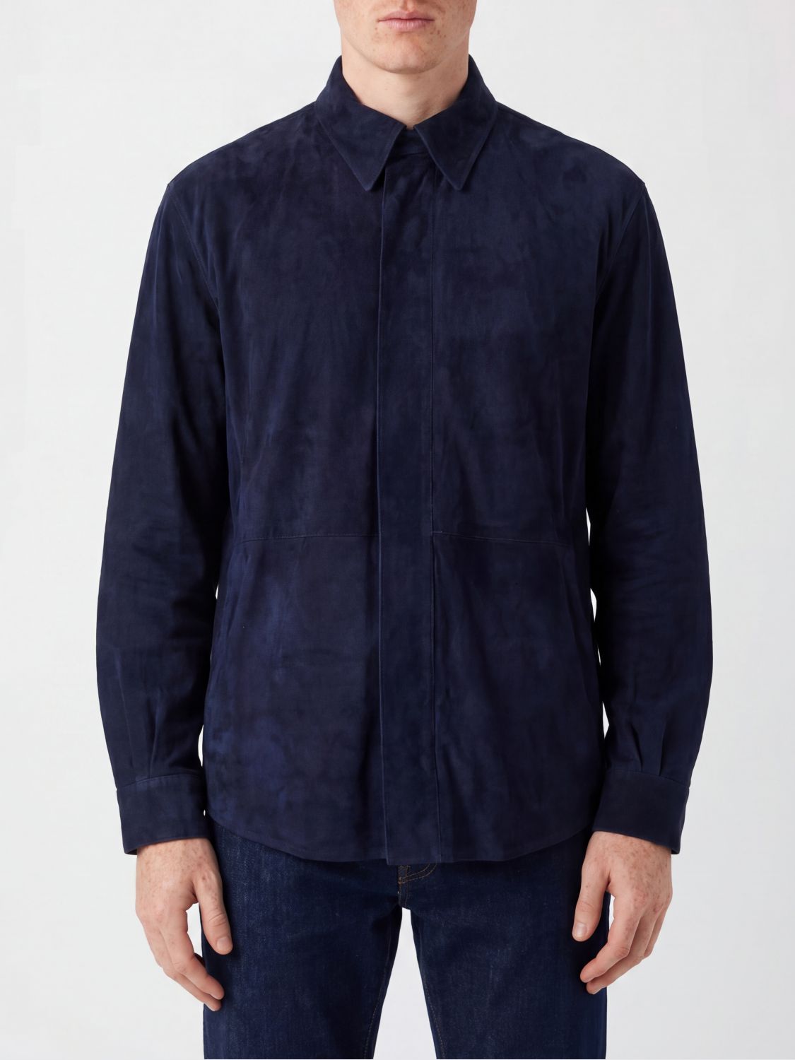 GIORGIO ARMANI Giacca a camicia in pelle di agnello scamosciata con collo classico
