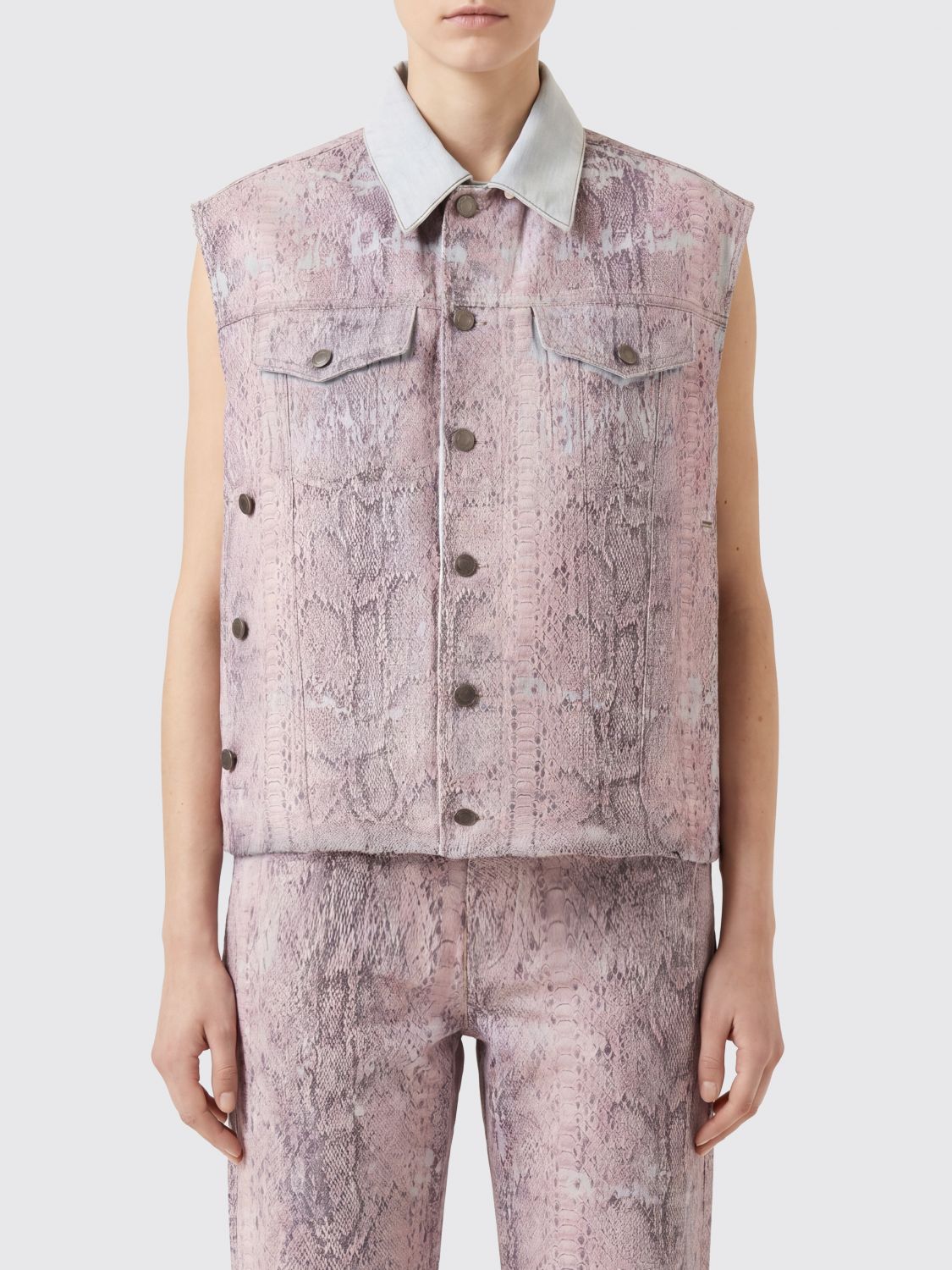 HAIKURE Gilet a camicia in denim con stampa pitone e tasche a toppa