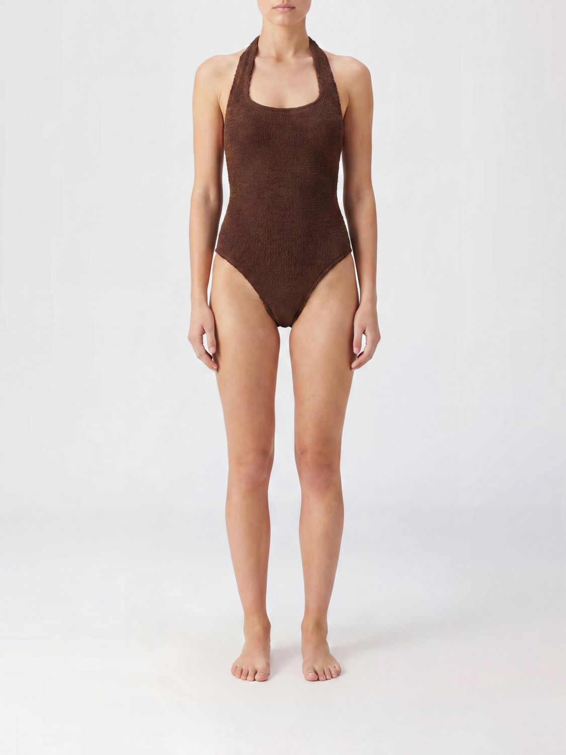 HUNZA G Costume da bagno intero in tessuto goffrato con scollatura quadrata